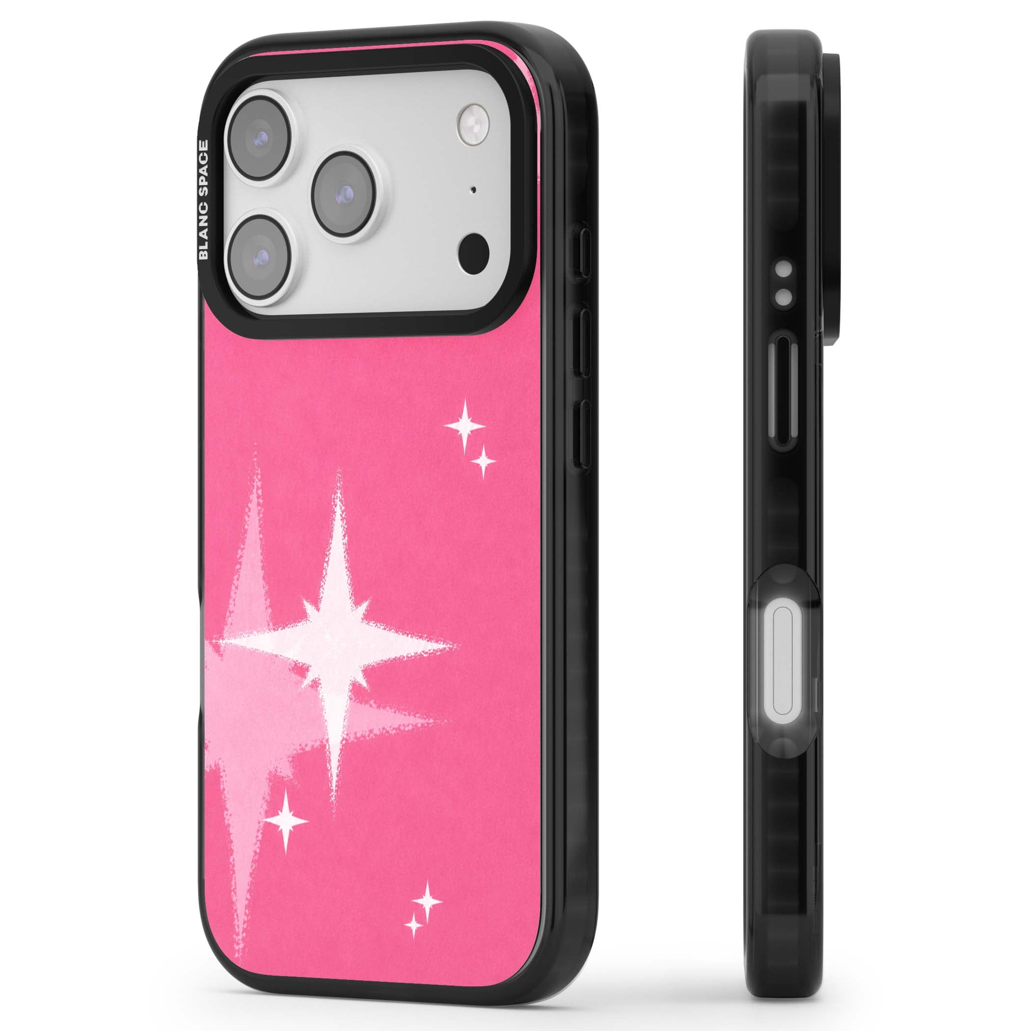 Pink Sparkle Y2K iPhone case featuring hot pink background with shimmering white starburst pattern | Clear Impact case for iPhone 17 Pro, iPhone 17 Pro Max