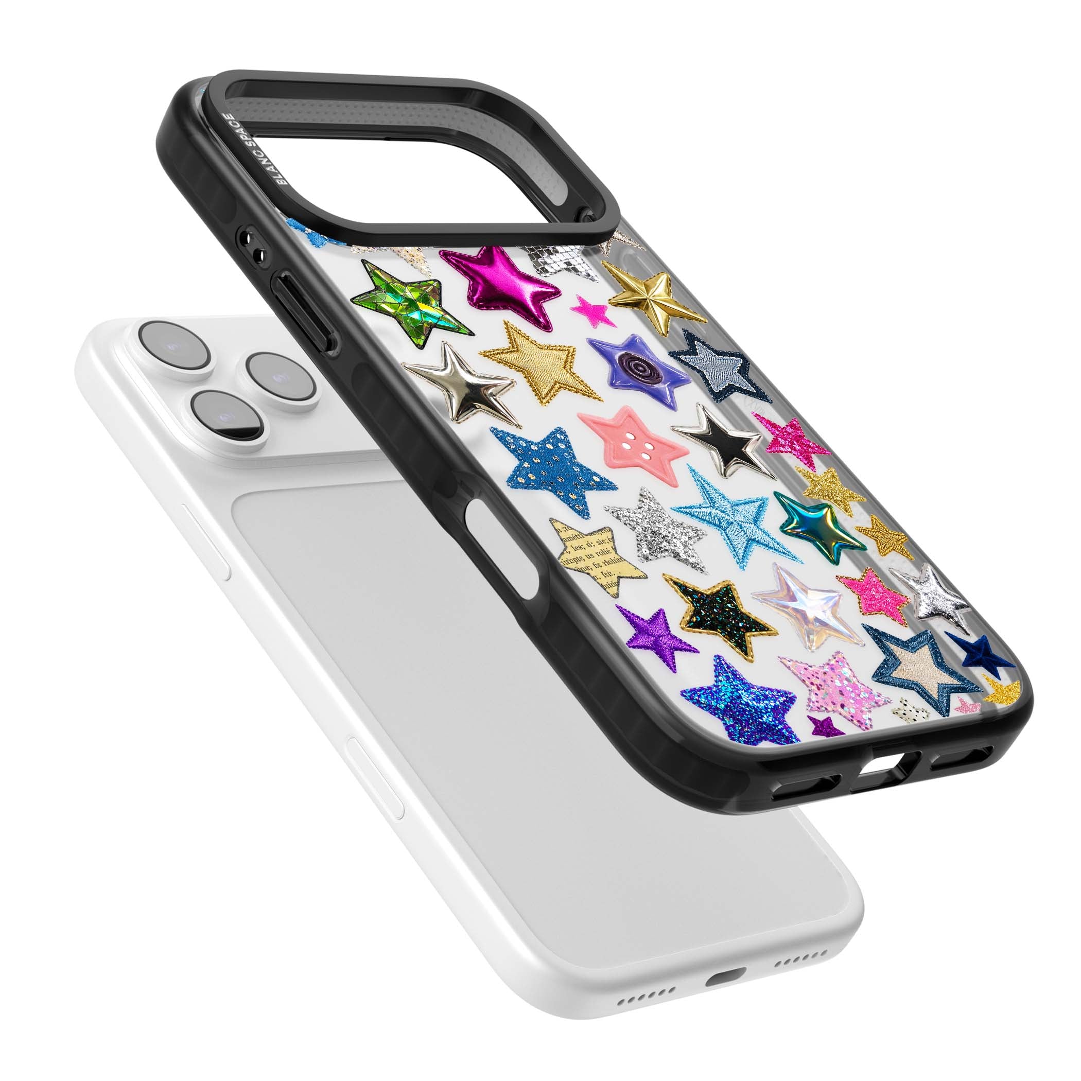 Crafty Star Mix Y2K iPhone case featuring embroidered, sequinned and glitter star patches in rainbow colours | Clear Impact case for iPhone 17 Pro, iPhone 17 Pro Max