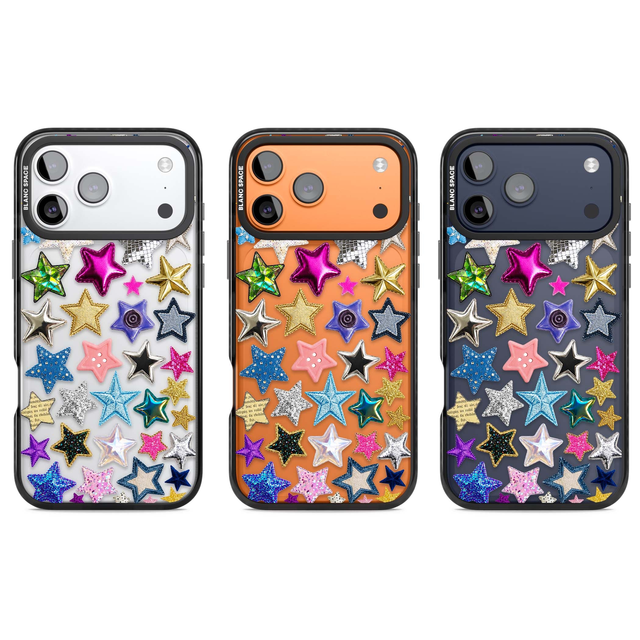 Crafty Star Mix Y2K iPhone case featuring embroidered, sequinned and glitter star patches in rainbow colours | Clear Impact case for iPhone 17 Pro, iPhone 17 Pro Max