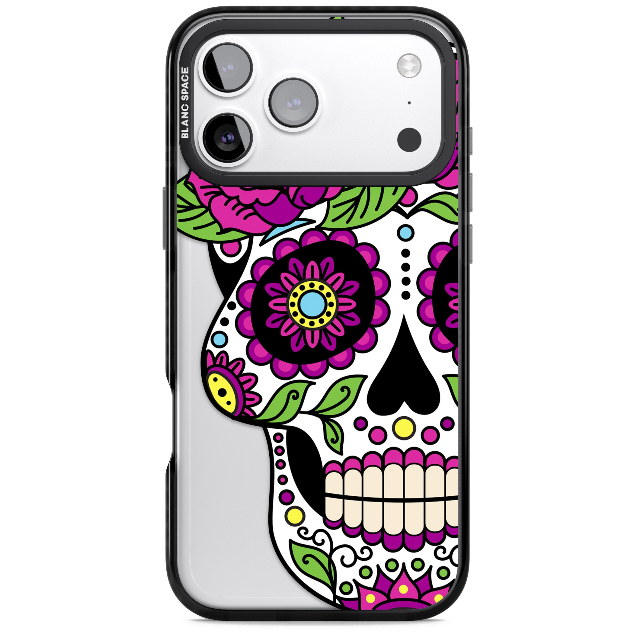 Purple Floral Sugar Skull iPhone 17 Pro Impact Black Phone Case