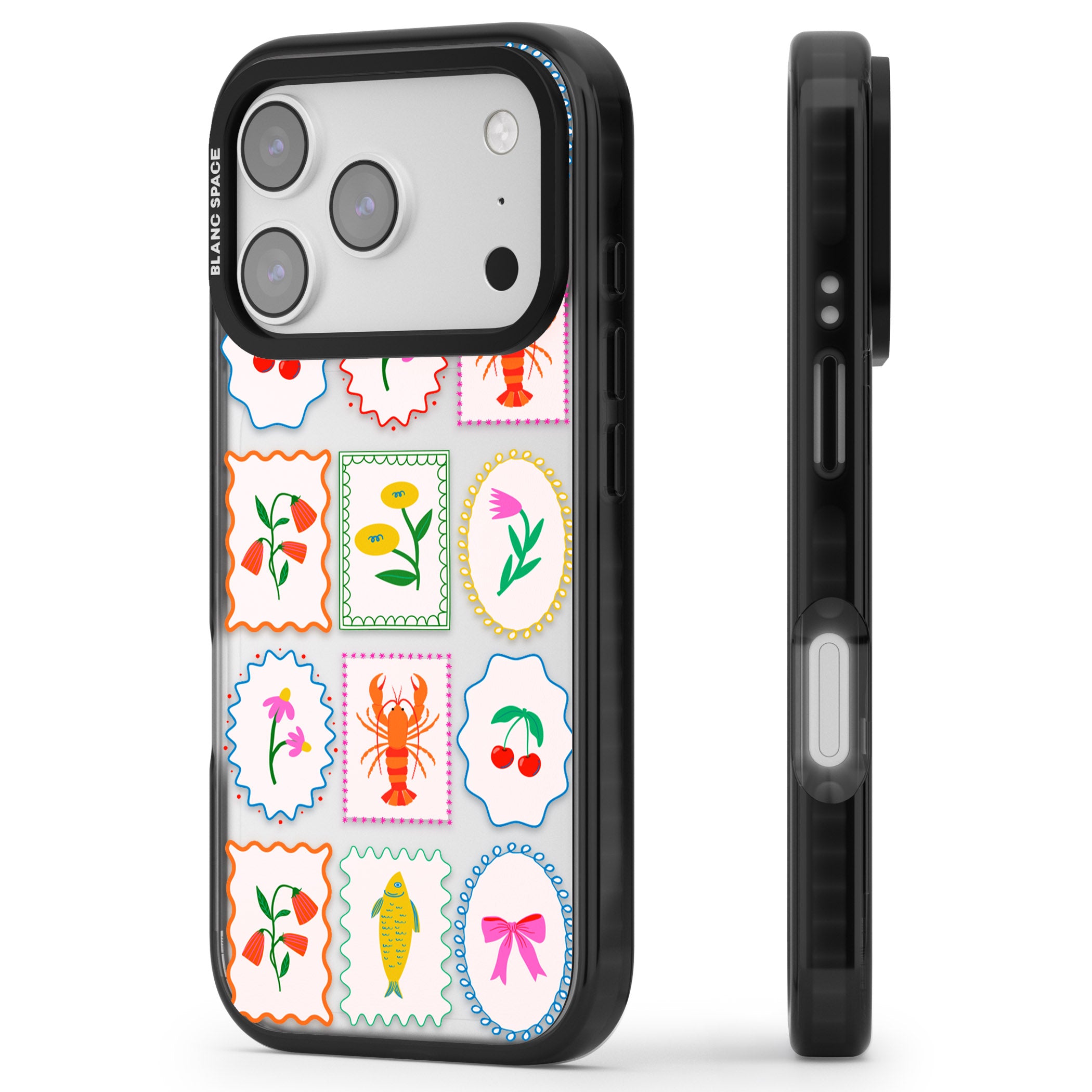 Floral Seafood Stamps iPhone 17 Pro Impact Black Phone Case Side Profile