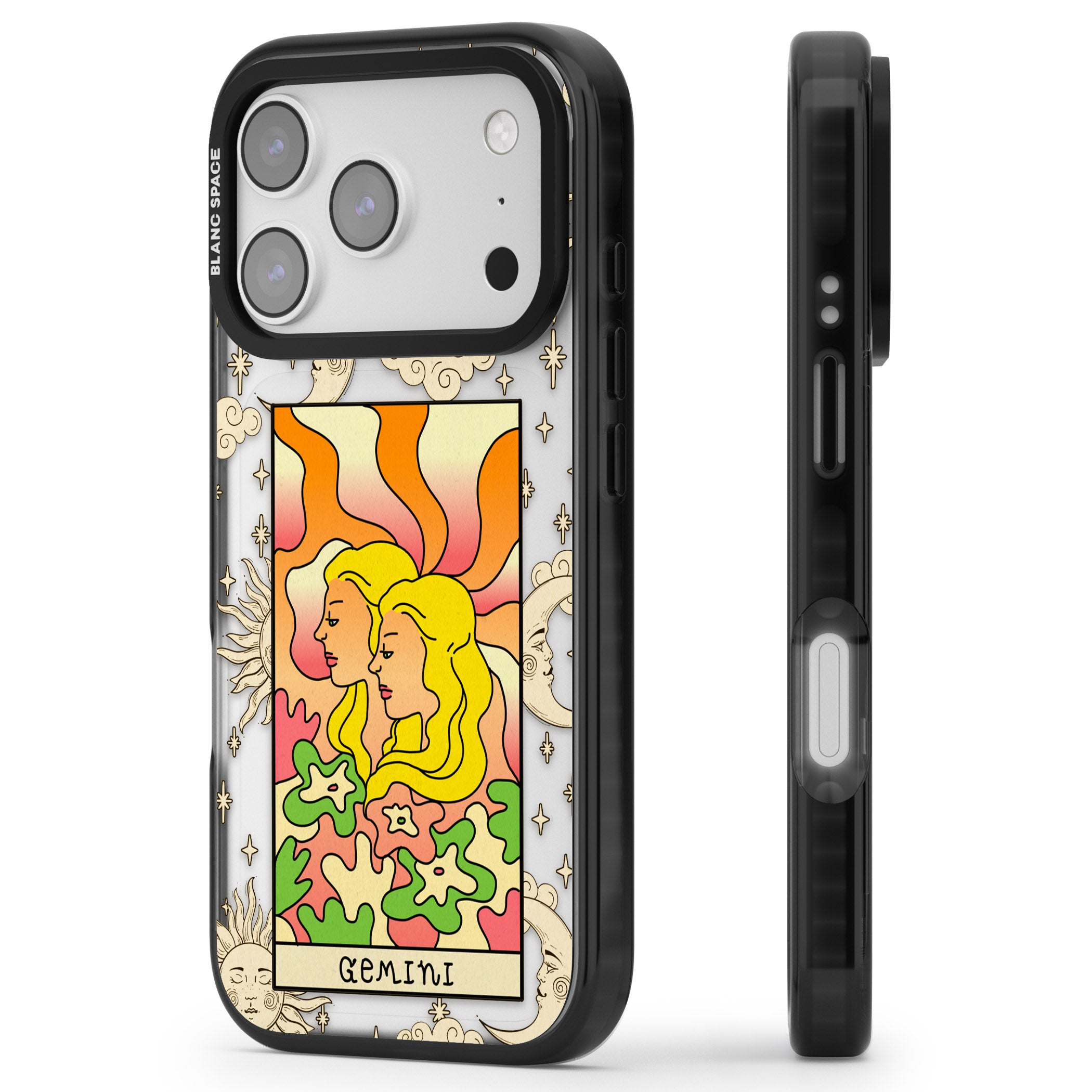 Celestial Zodiac Gemini iPhone 17 Pro Impact Black Phone Case Side Profile