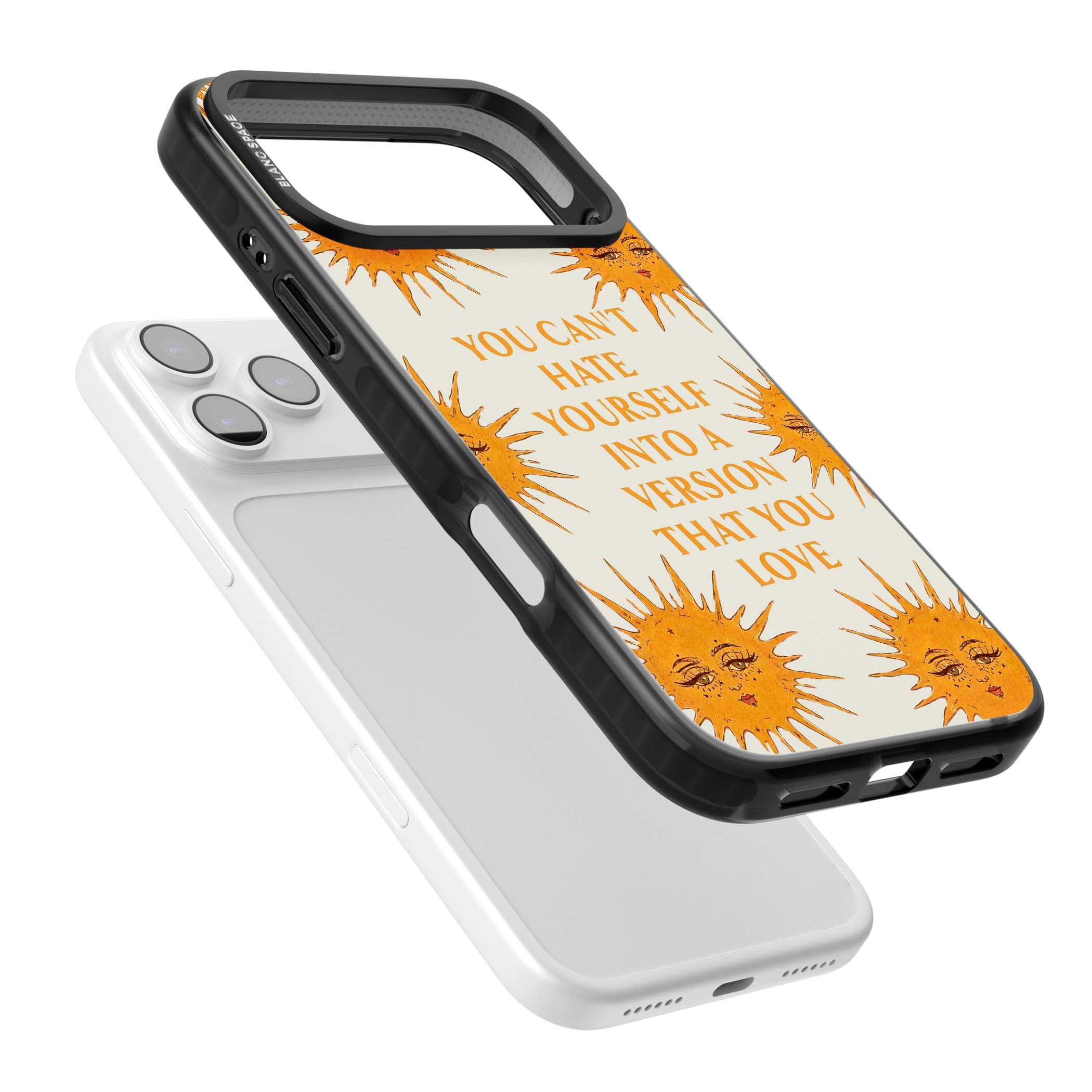 Don't Hate Yourself celestial iPhone case featuring vintage sun faces, ochre rays and a self-love quote | Clear Impact case for iPhone 17 Pro, iPhone 17 Pro Max