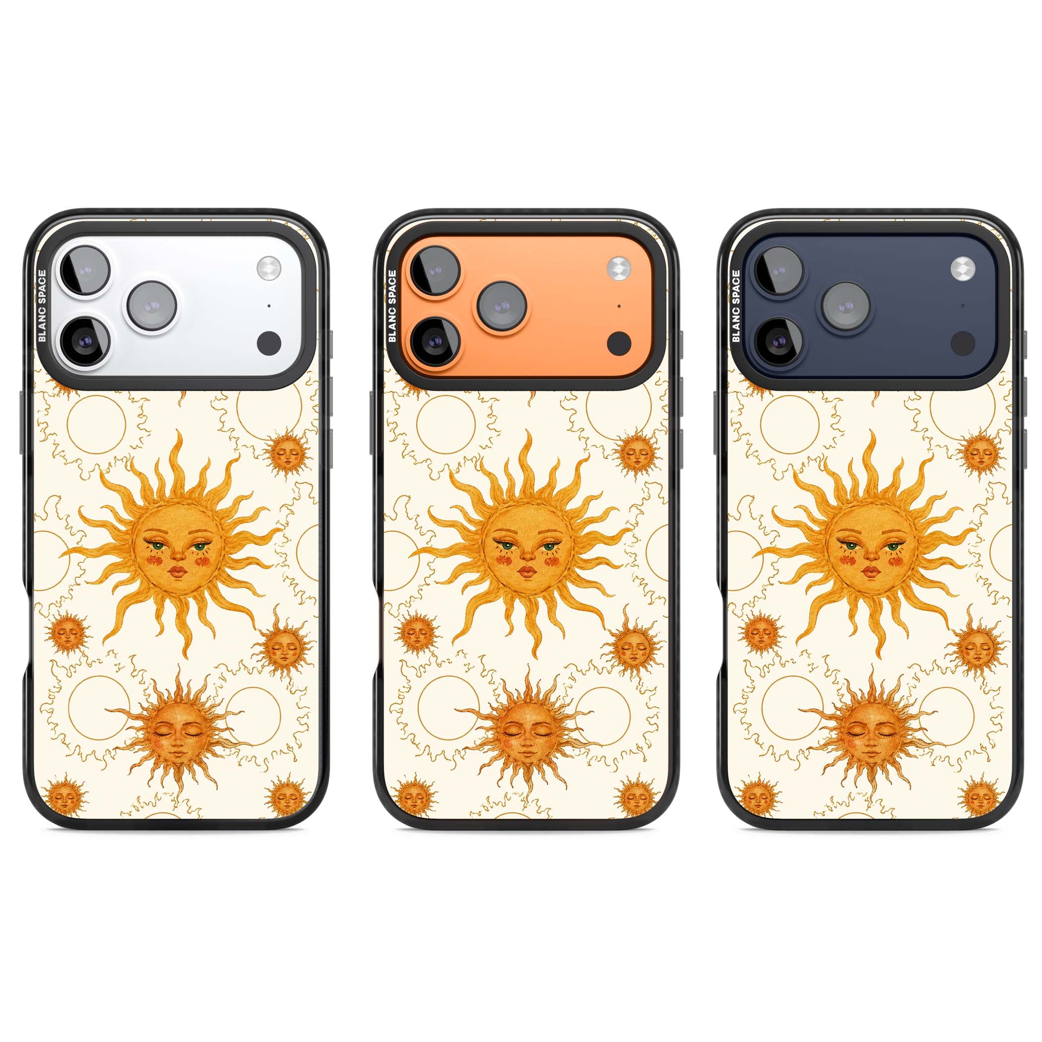 Solstice Muse celestial iPhone case featuring hand-painted golden sun faces, closed-eye sun goddesses and outlined moons... | Clear Impact case for iPhone 17 Pro, iPhone 17 Pro Max