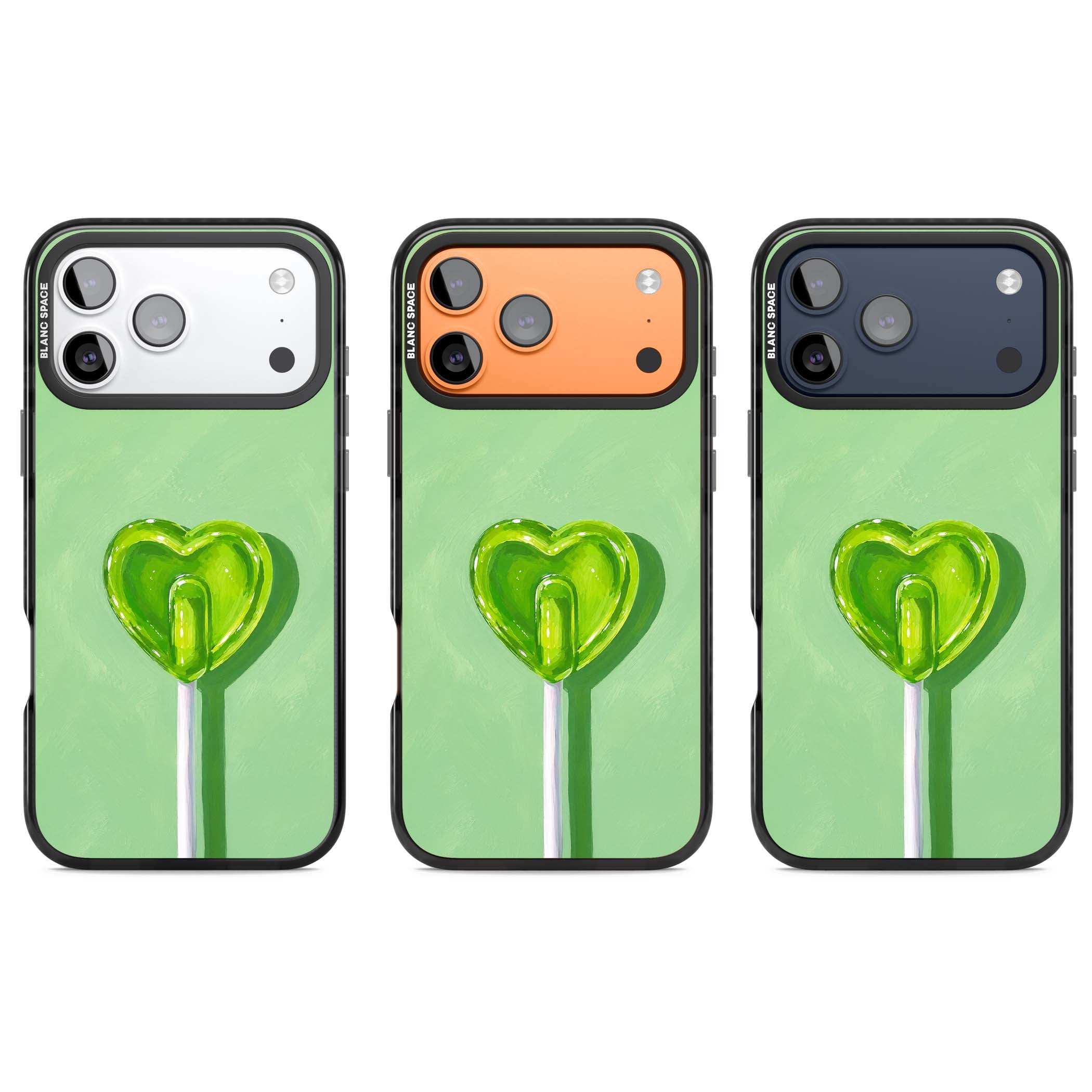 Green Lollipop candy art iPhone case featuring a glossy green heart-shaped lollipop on a painted pastel green background | Clear Impact case for iPhone 17 Pro, iPhone 17 Pro Max
