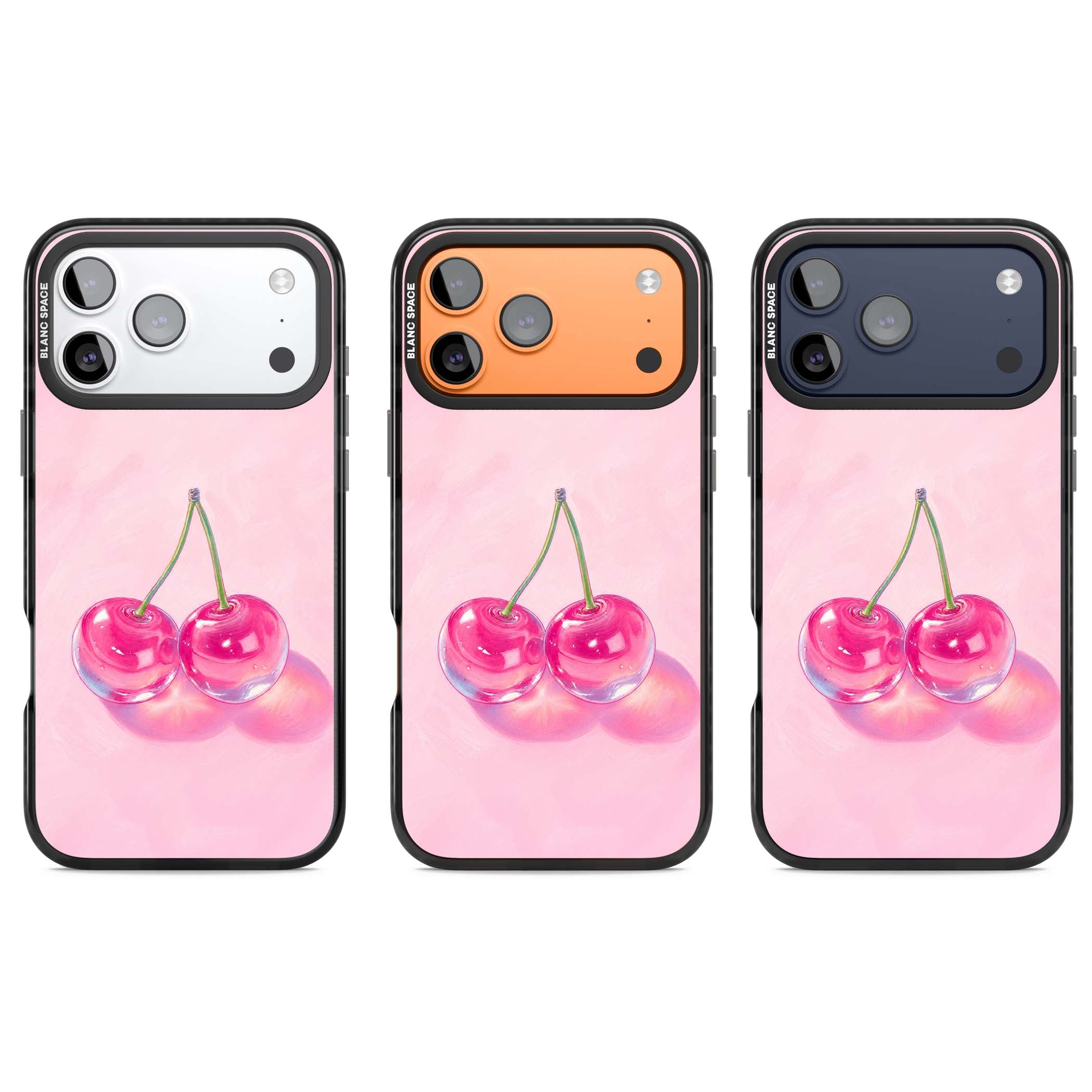 Pink Glass Cherry coquette iPhone case featuring two glossy painted cherries on a soft pink background | Clear Impact case for iPhone 17 Pro, iPhone 17 Pro Max