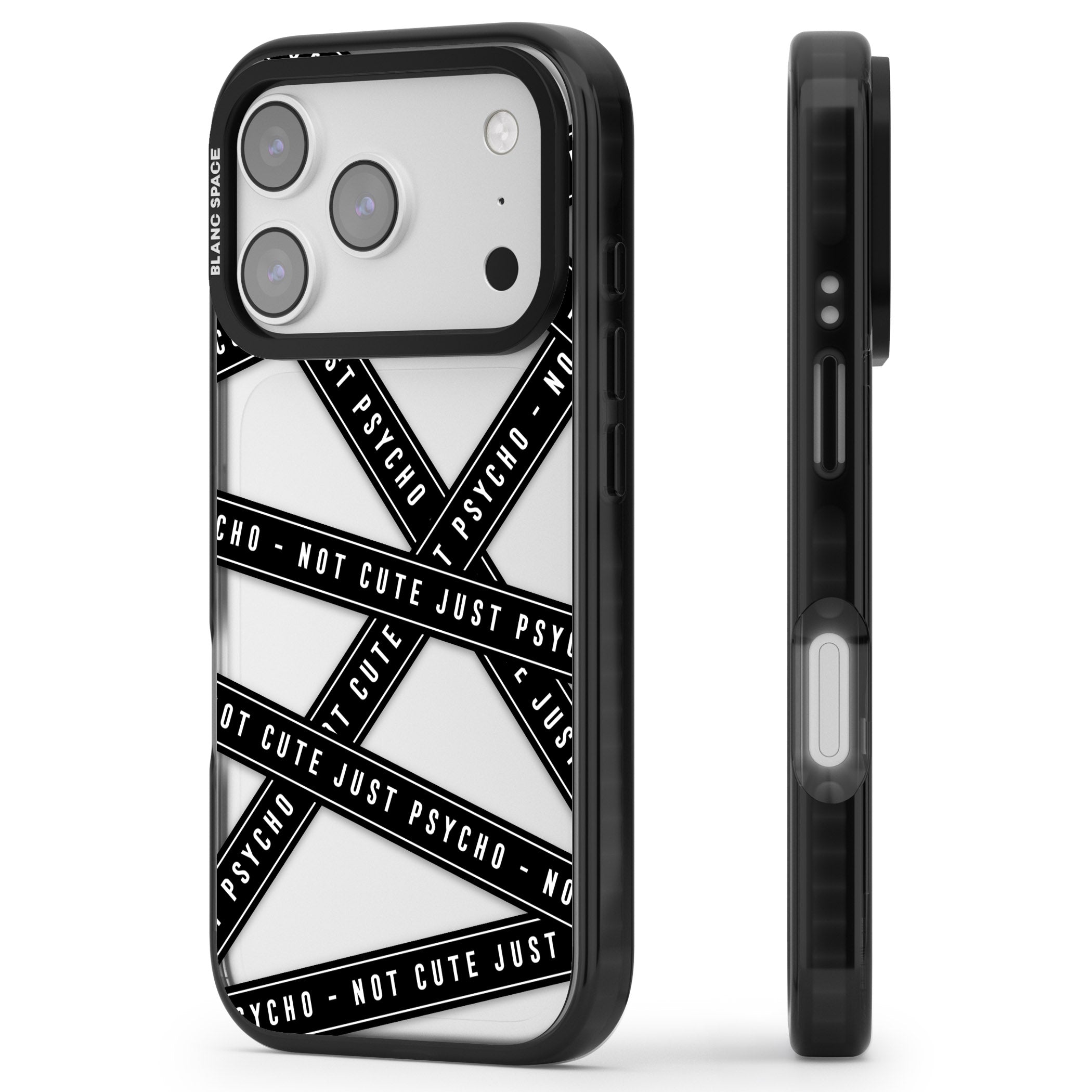 Not Cute Just Psycho iPhone 17 Pro Impact Black Phone Case Side Profile