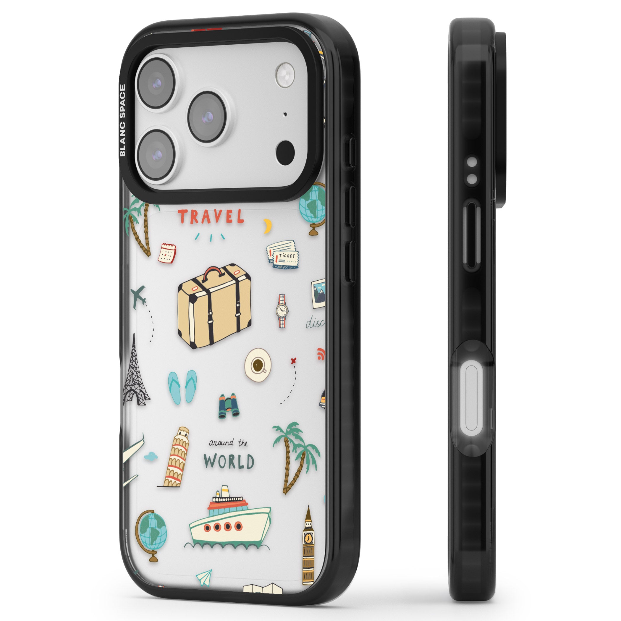 Cute Travel Pattern Transparent iPhone 17 Pro Impact Black Phone Case Side Profile
