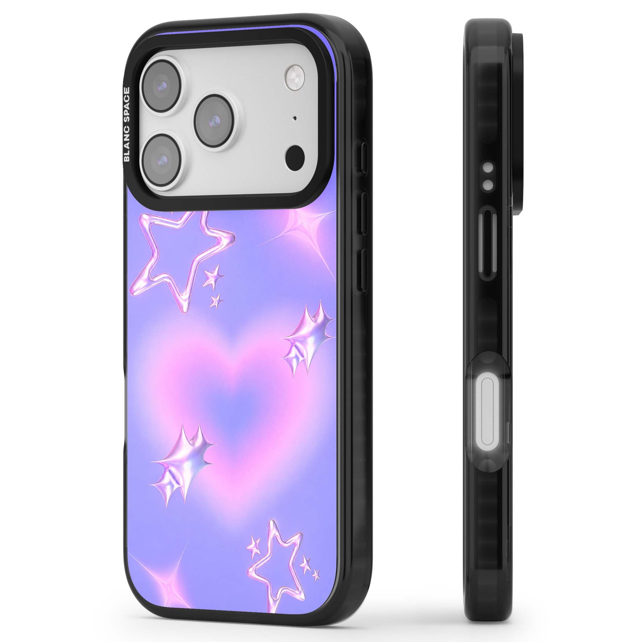 Soft Sugar Y2K iPhone case featuring iridescent chrome hearts, metallic pink stars and a lavender gradient sky | Clear Impact case for iPhone 17 Pro, iPhone 17 Pro Max