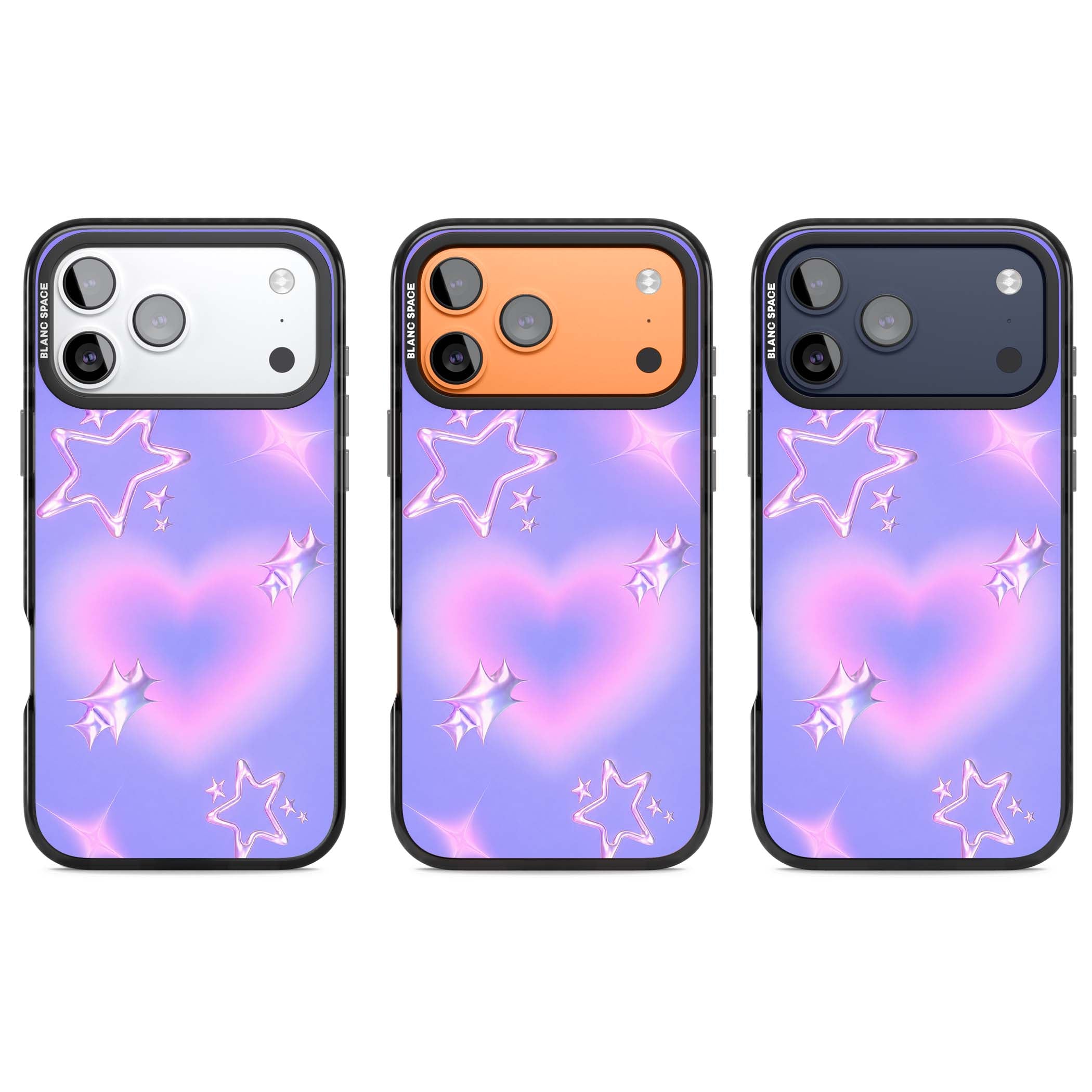 Soft Sugar Y2K iPhone case featuring iridescent chrome hearts, metallic pink stars and a lavender gradient sky | Clear Impact case for iPhone 17 Pro, iPhone 17 Pro Max