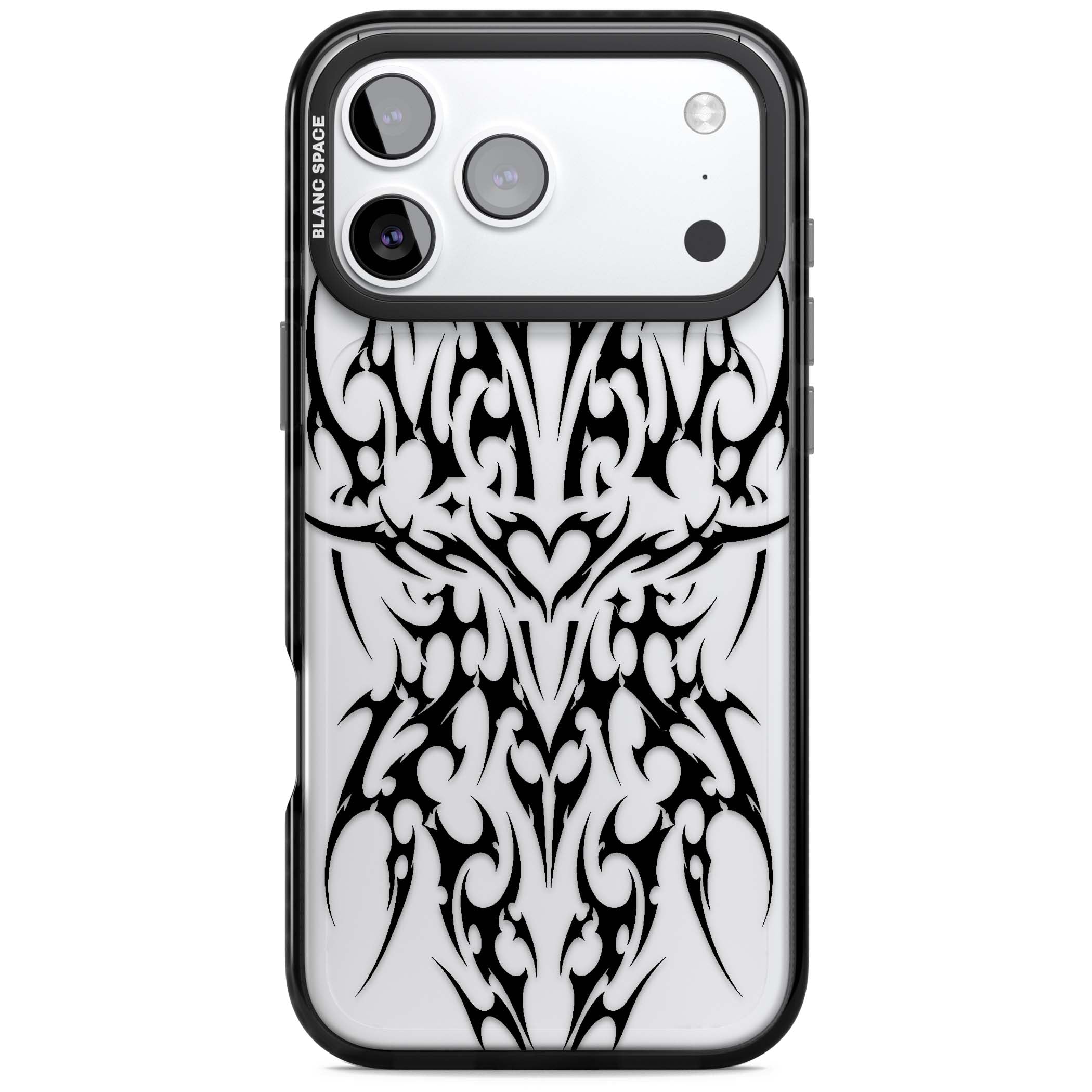 Neo Tribal Heart gothic iPhone case featuring symmetrical black tribal tattoo art with sharp thorn-like linework | Clear Impact case for iPhone 17 Pro, iPhone 17 Pro Max