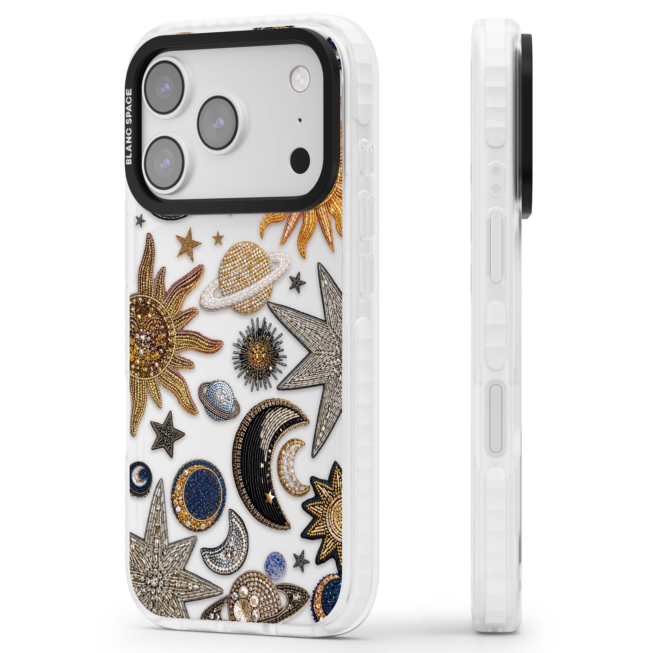 Beaded Cosmos celestial iPhone case featuring embroidered golden suns, beaded planets and silver shooting stars | Black Impact case for iPhone 17 Pro, iPhone 17 Pro Max