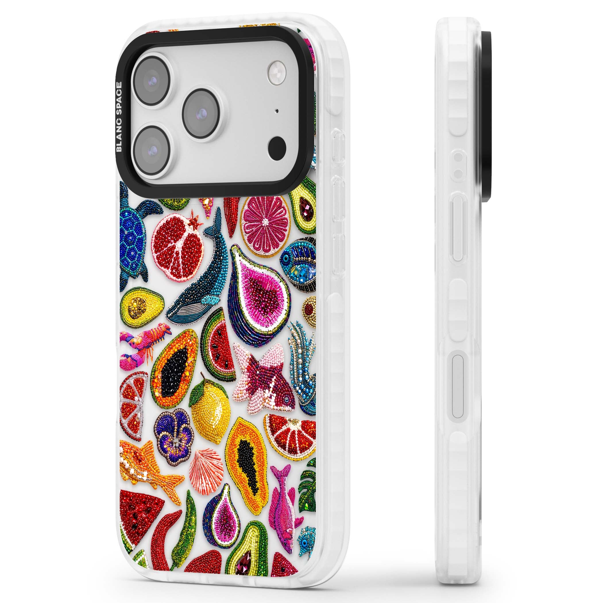 Beaded Tropic tropical iPhone case featuring beaded fruit, fish, crabs and seashells in vibrant colour | Black Impact case for iPhone 17 Pro, iPhone 17 Pro Max