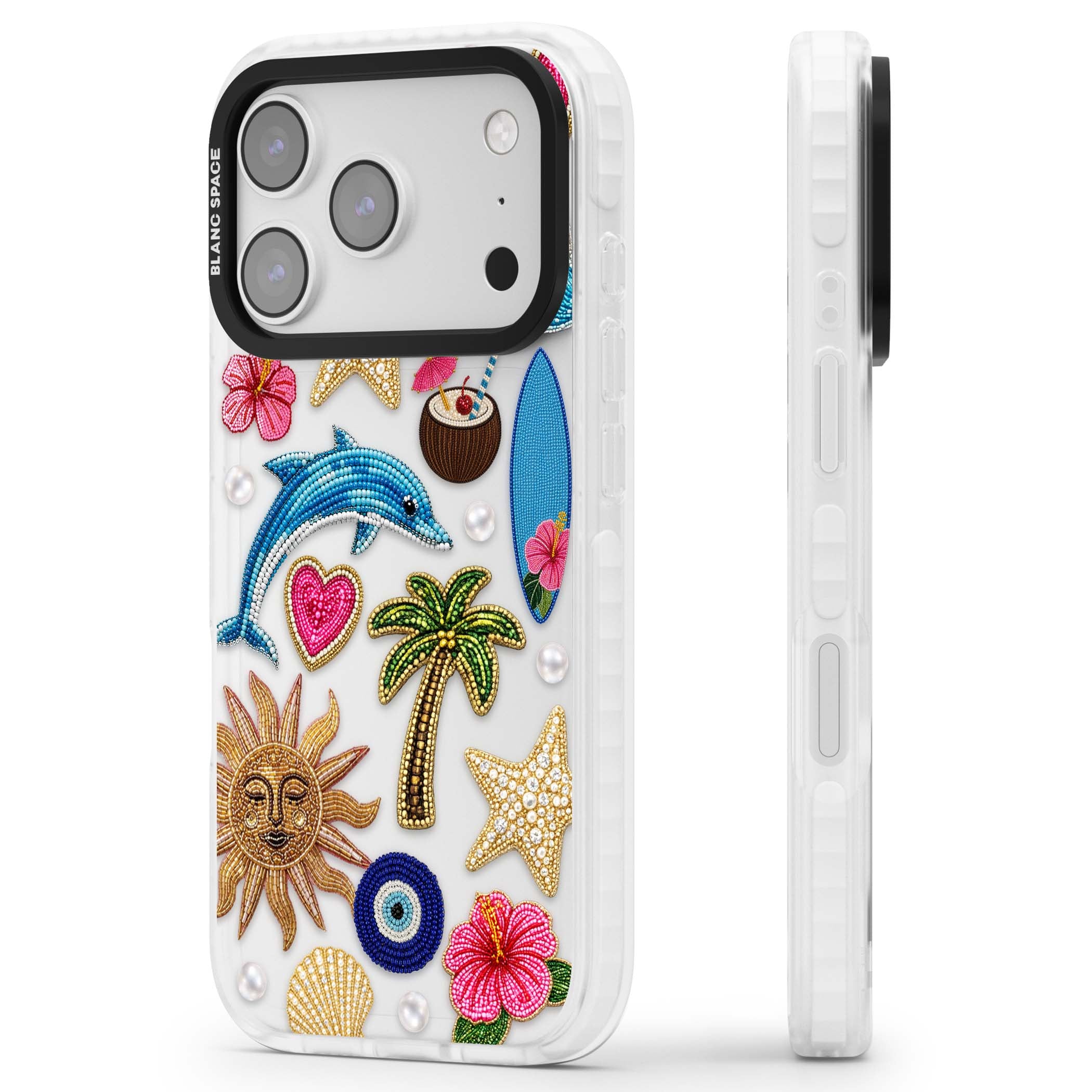 Beaded Beach coastal summer iPhone case featuring embroidered evil eye, hibiscus flowers, dolphin and palm tree patches | Black Impact case for iPhone 17 Pro, iPhone 17 Pro Max