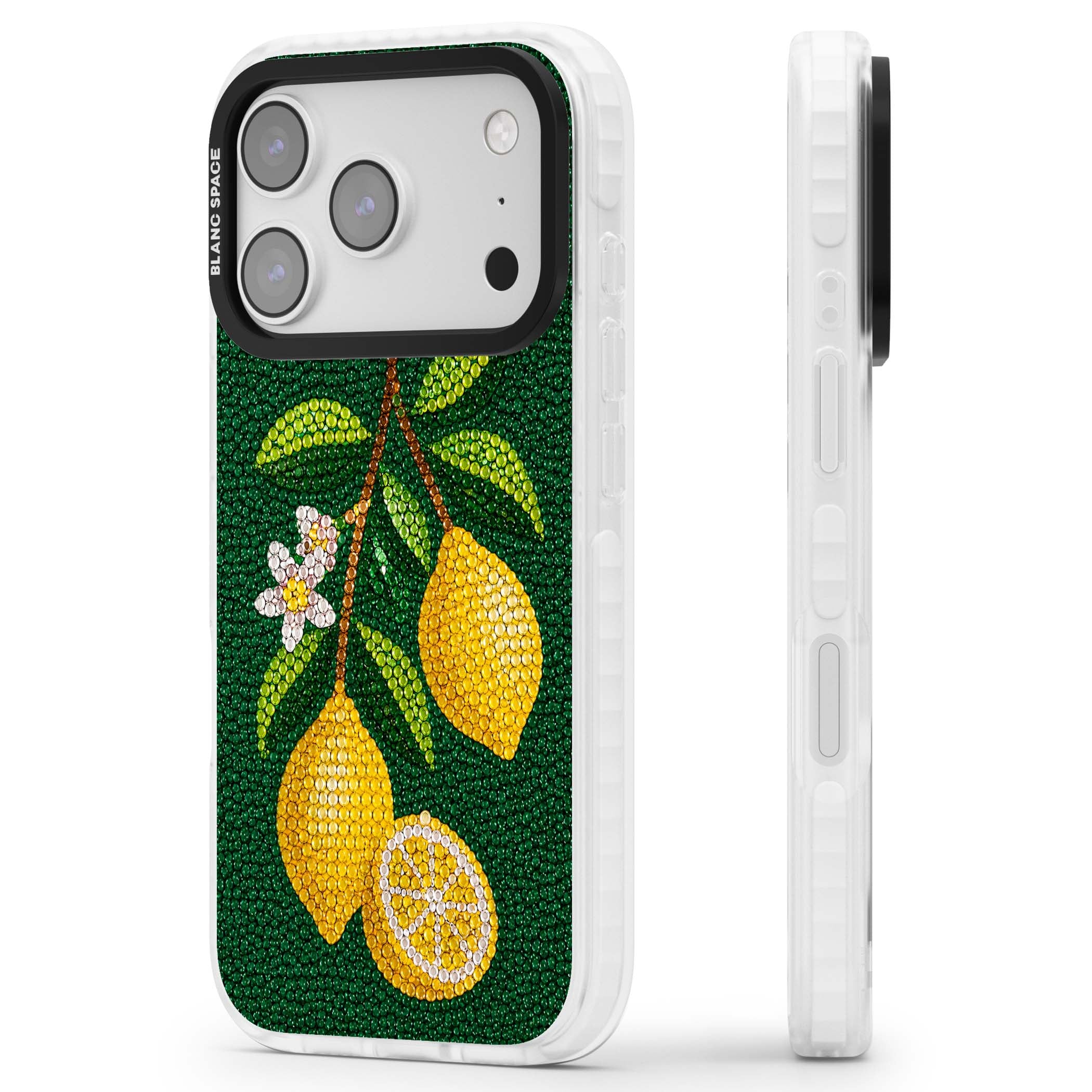 Beaded Lemons coastal iPhone case featuring crystal-beaded lemons, citrus blossom and green leaves on emerald ground | Black Impact case for iPhone 17 Pro, iPhone 17 Pro Max