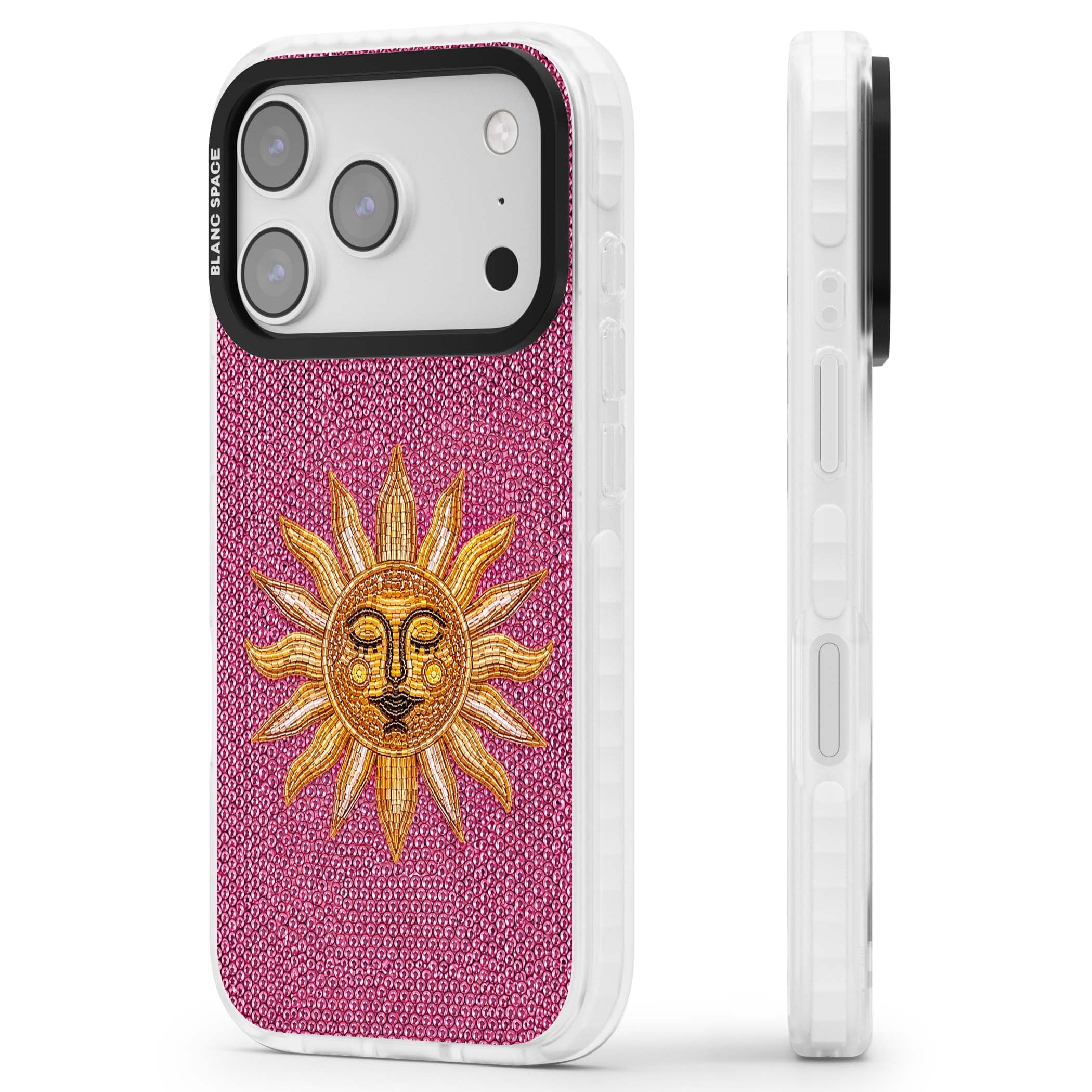 Beaded Sun celestial iPhone case featuring a golden beaded sun face with radiant rays on hot pink beaded background | Black Impact case for iPhone 17 Pro, iPhone 17 Pro Max
