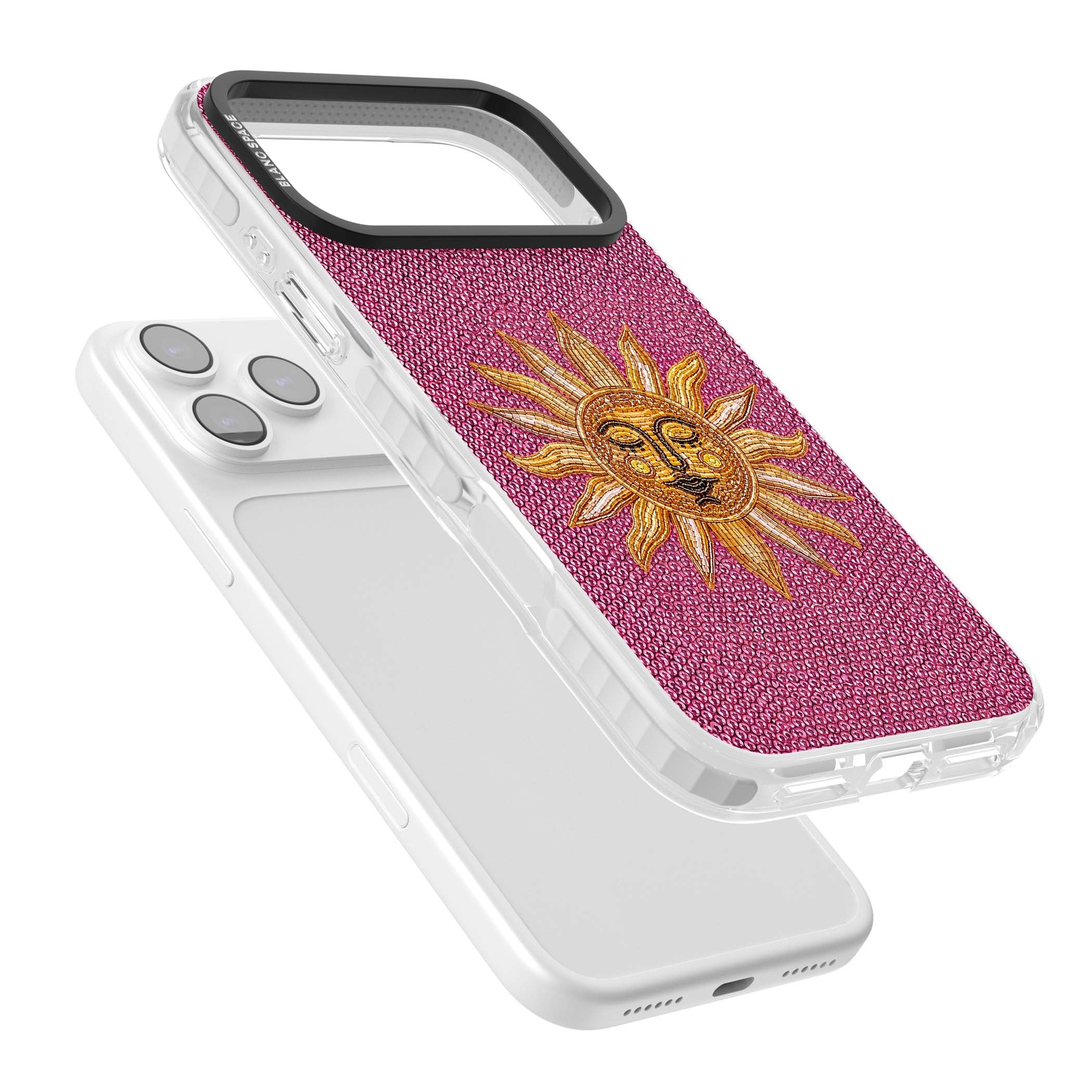 Beaded Sun celestial iPhone case featuring a golden beaded sun face with radiant rays on hot pink beaded background | Black Impact case for iPhone 17 Pro, iPhone 17 Pro Max