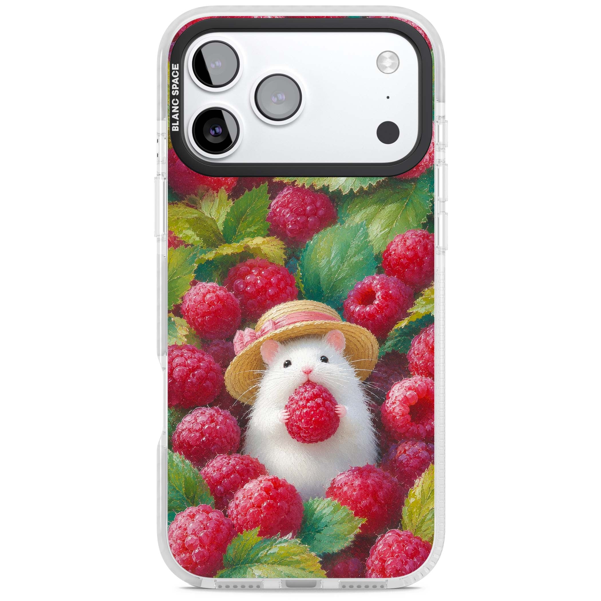 Berry Forager cottagecore iPhone case featuring a white hamster in a straw hat holding a raspberry surrounded by ripe ber | Black Impact case for iPhone 17 Pro, iPhone 17 Pro Max