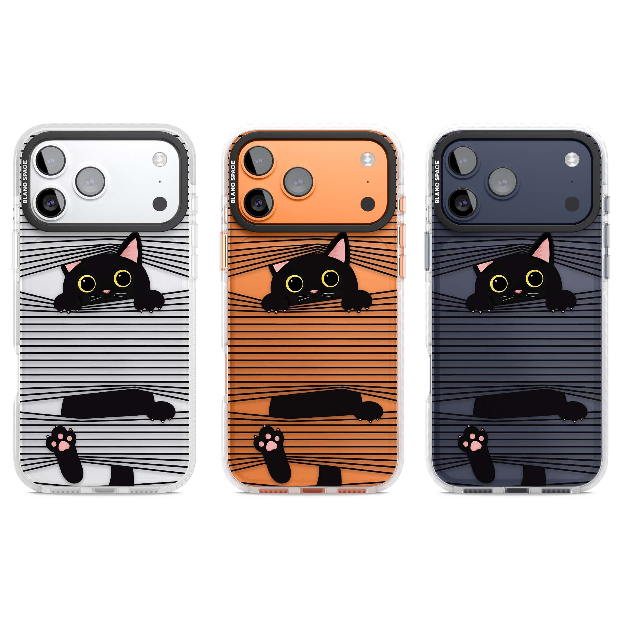 Peek-a-Boo Cat minimal iPhone case featuring black cat peeking through horizontal black and white stripes | Black Impact case for iPhone 17 Pro, iPhone 17 Pro Max