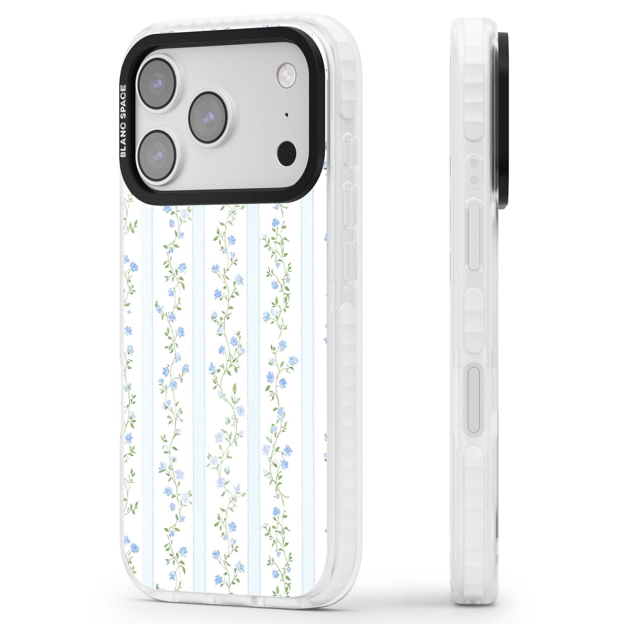 Bluebell Vine cottagecore iPhone case featuring climbing blue roses, trailing green vines, and pale ticking stripes | Black Impact case for iPhone 17 Pro, iPhone 17 Pro Max
