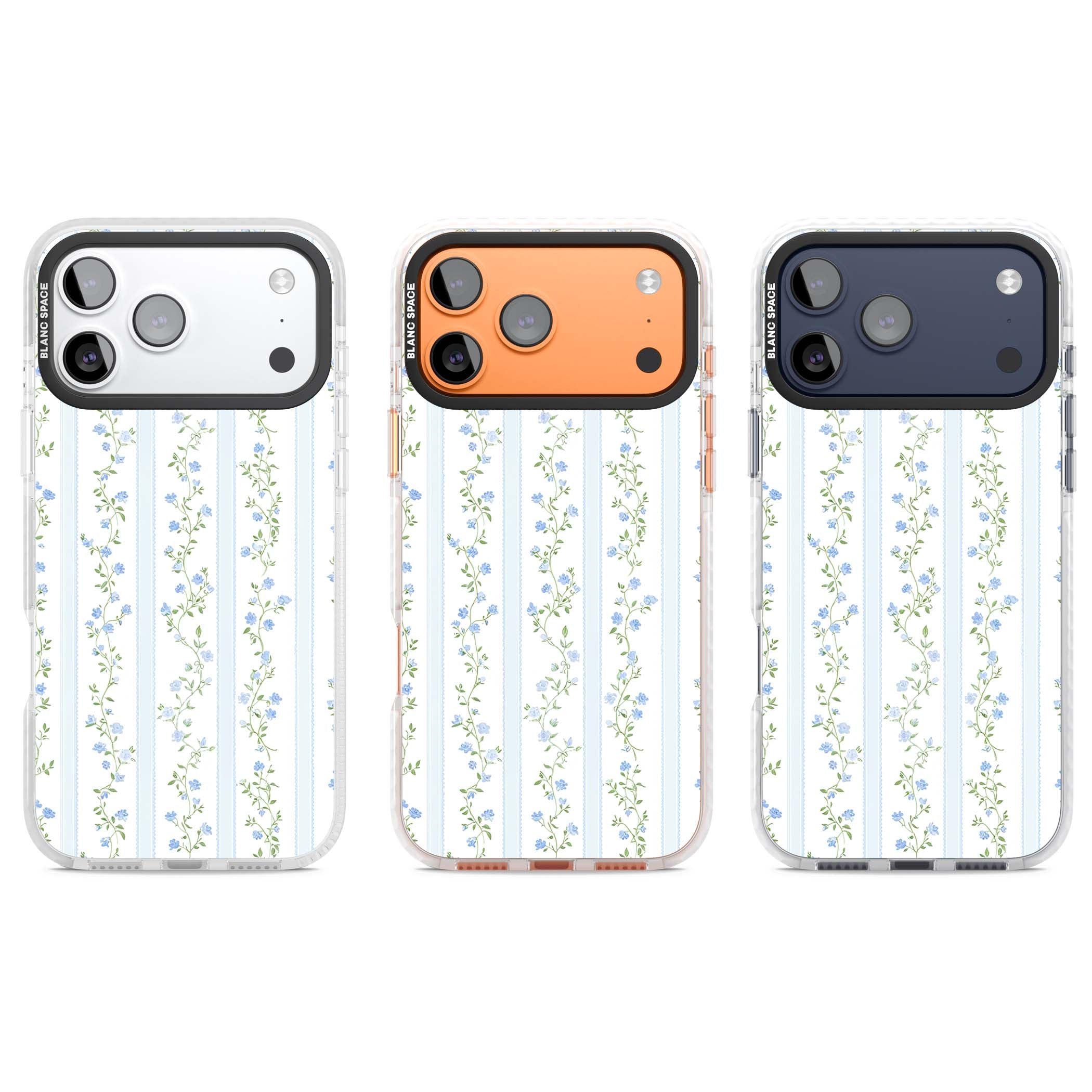 Bluebell Vine cottagecore iPhone case featuring climbing blue roses, trailing green vines, and pale ticking stripes | Black Impact case for iPhone 17 Pro, iPhone 17 Pro Max