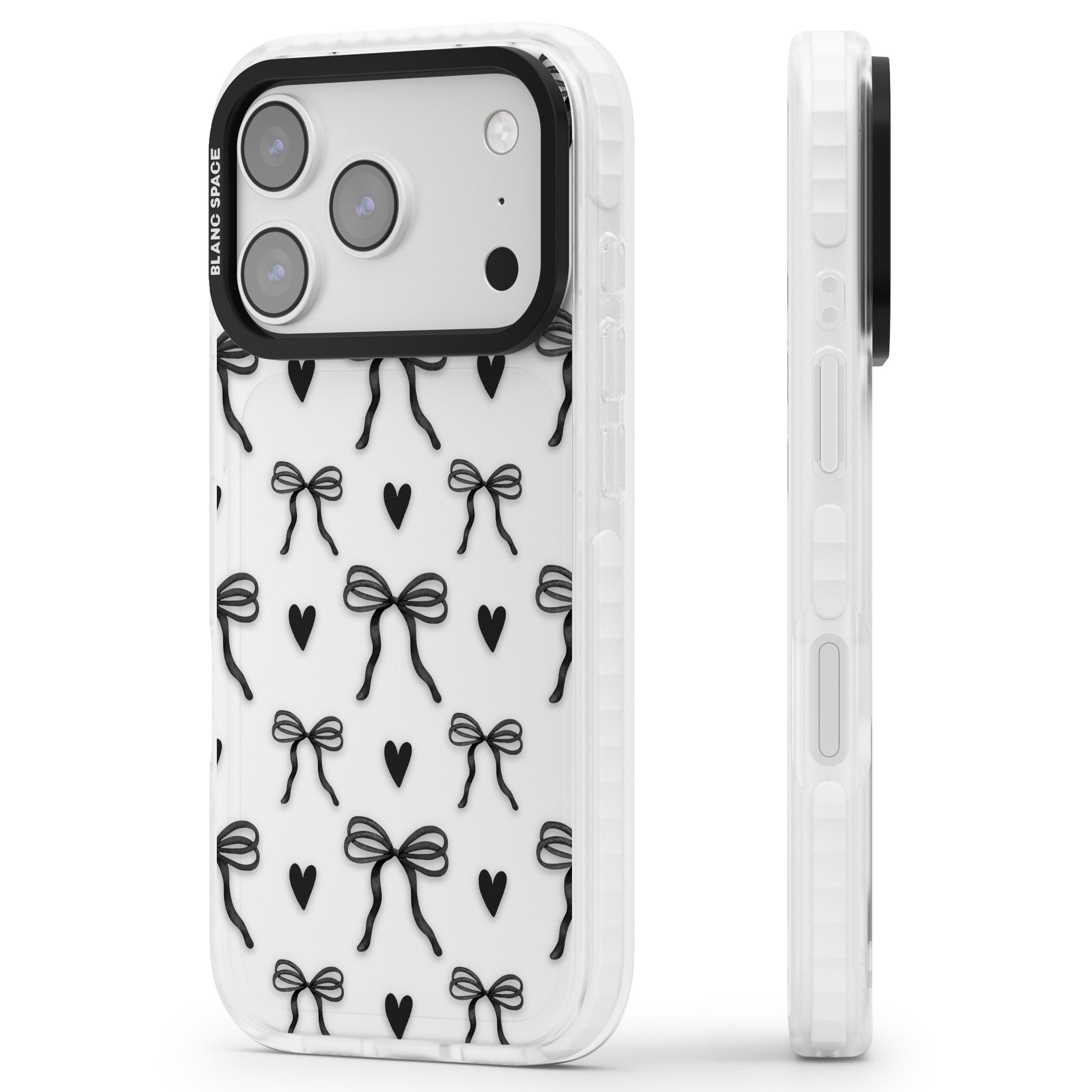Black Bows & Hearts iPhone 17 Pro Max Impact Clear Phone Case Side Profile