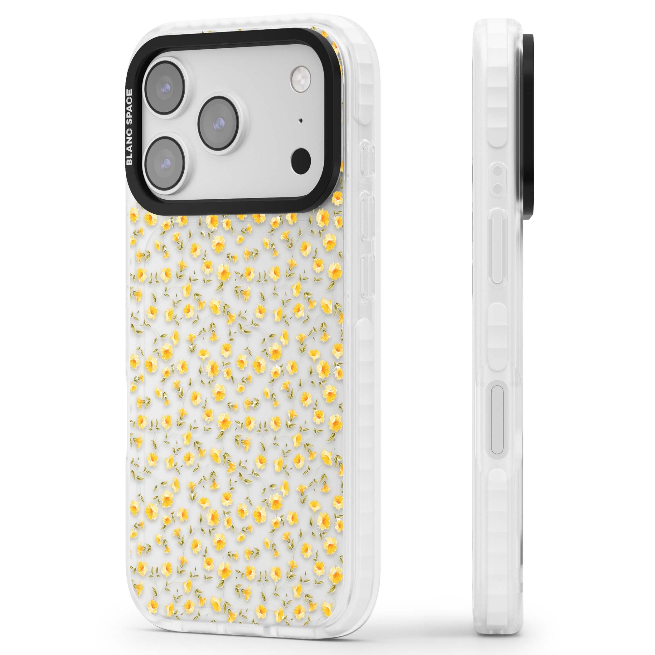 Buttercup wildflower iPhone case featuring tiny yellow flowers and trailing green vines on clear | Black Impact case for iPhone 17 Pro, iPhone 17 Pro Max