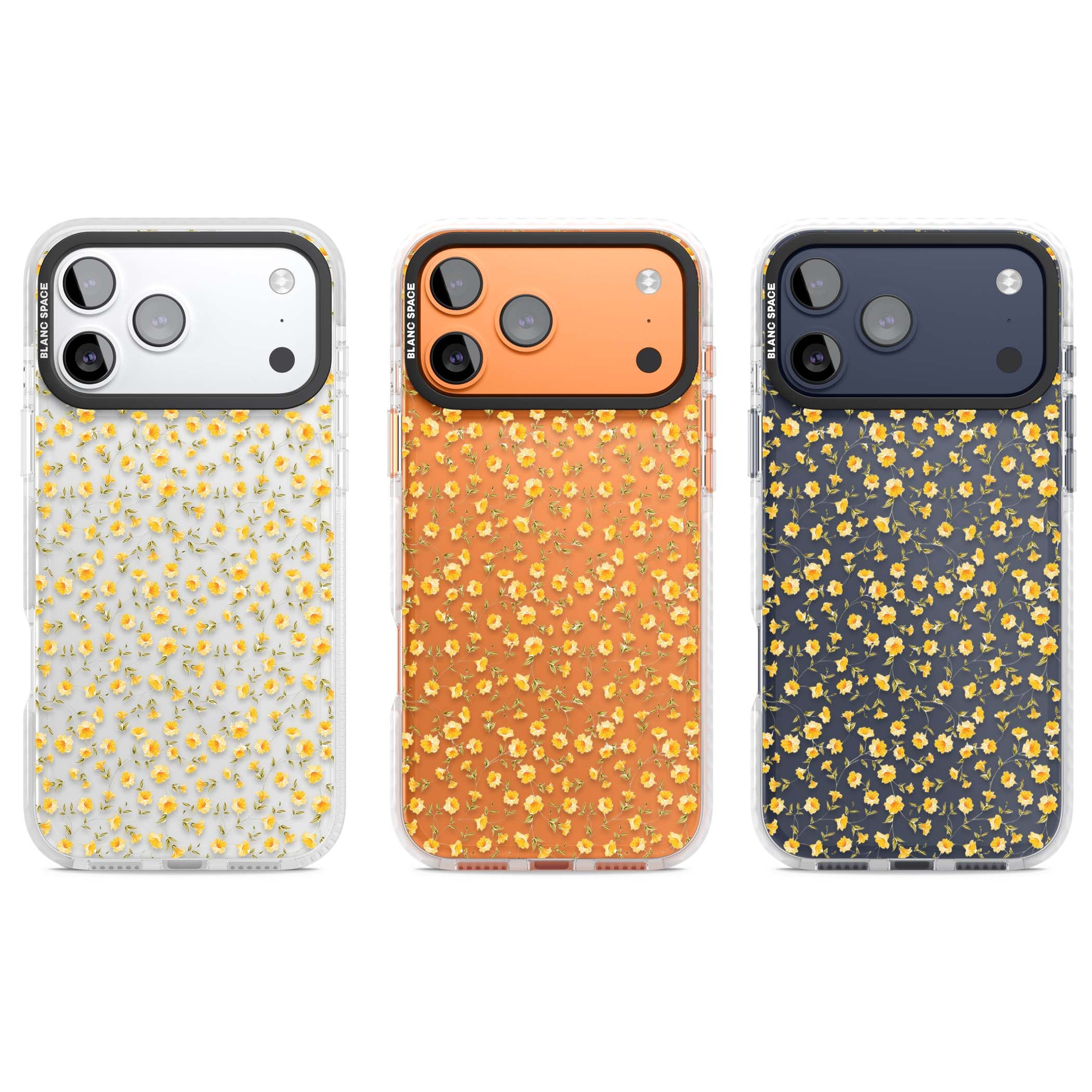 Buttercup wildflower iPhone case featuring tiny yellow flowers and trailing green vines on clear | Black Impact case for iPhone 17 Pro, iPhone 17 Pro Max