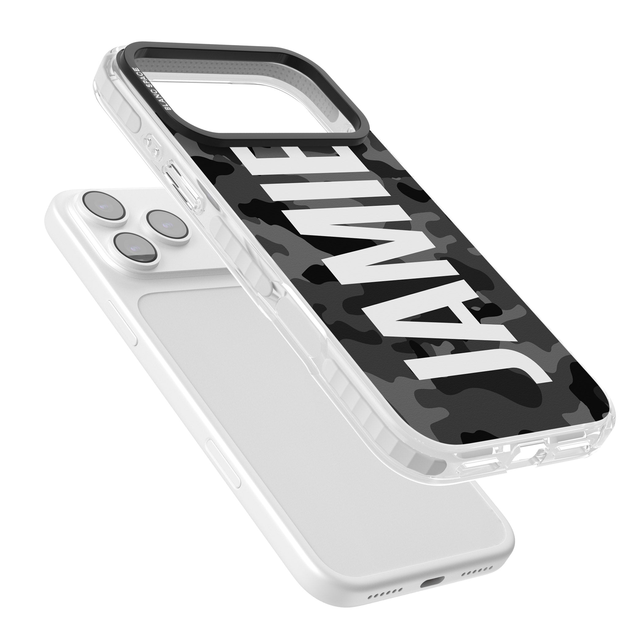 Personalised Black Camo Name Vertical iPhone 17 Pro Impact Clear Phone Case Colours