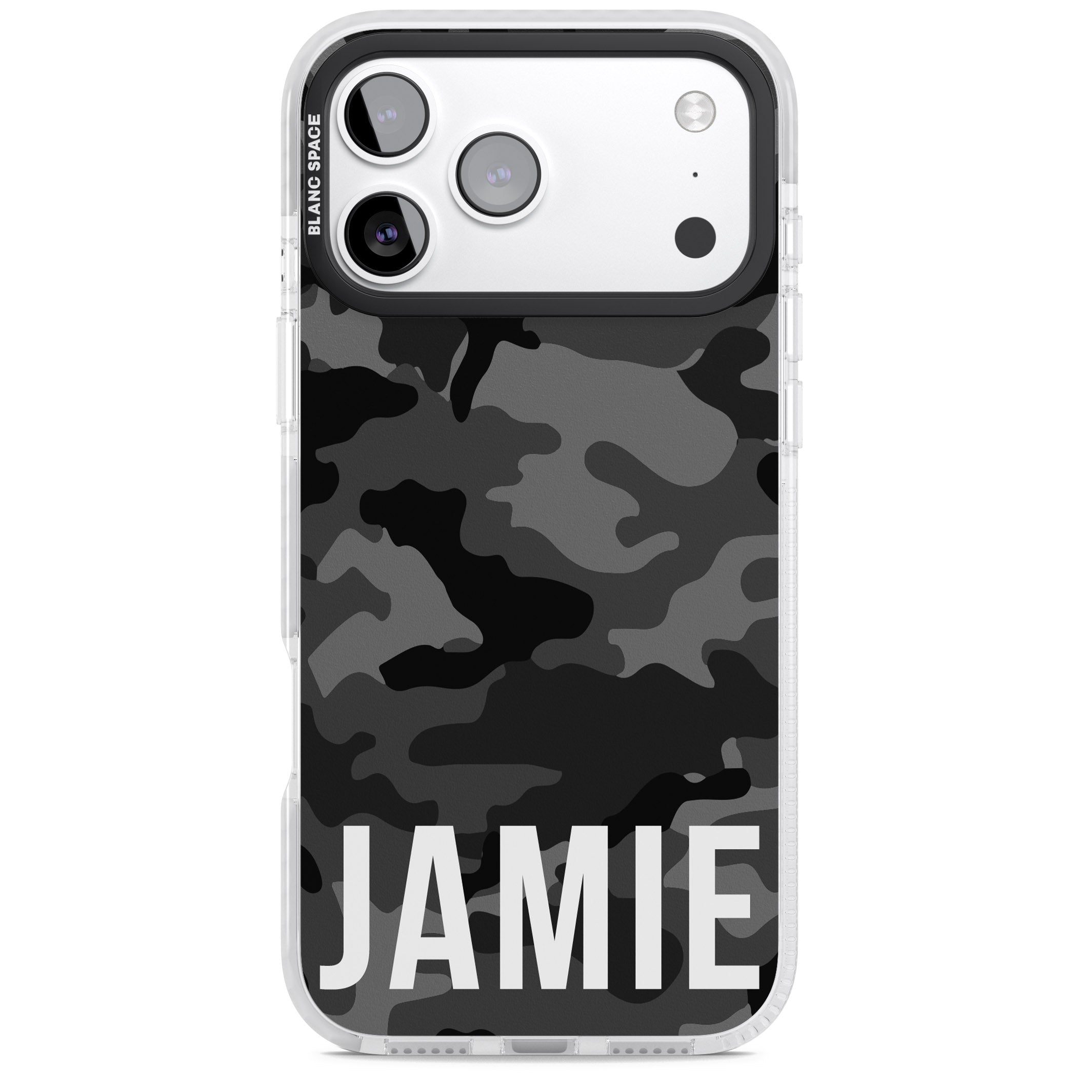 Personalised Black Camo Name Horizontal iPhone 17 Pro Impact Clear Phone Case