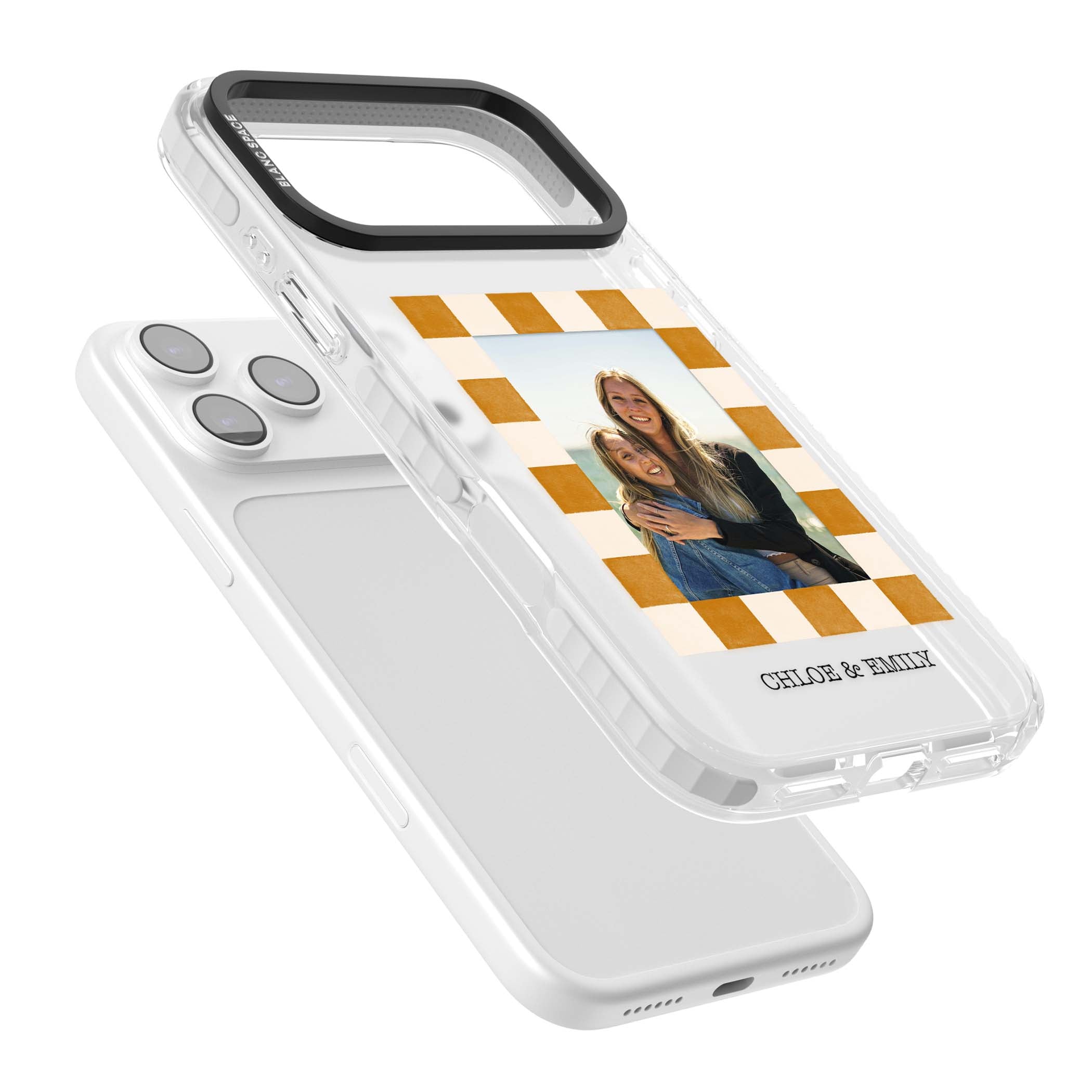 Citrus Check Photo personalised iPhone case with custom photo, orange checkered frame and names underneath | Black Impact case for iPhone 17 Pro, iPhone 17 Pro Max
