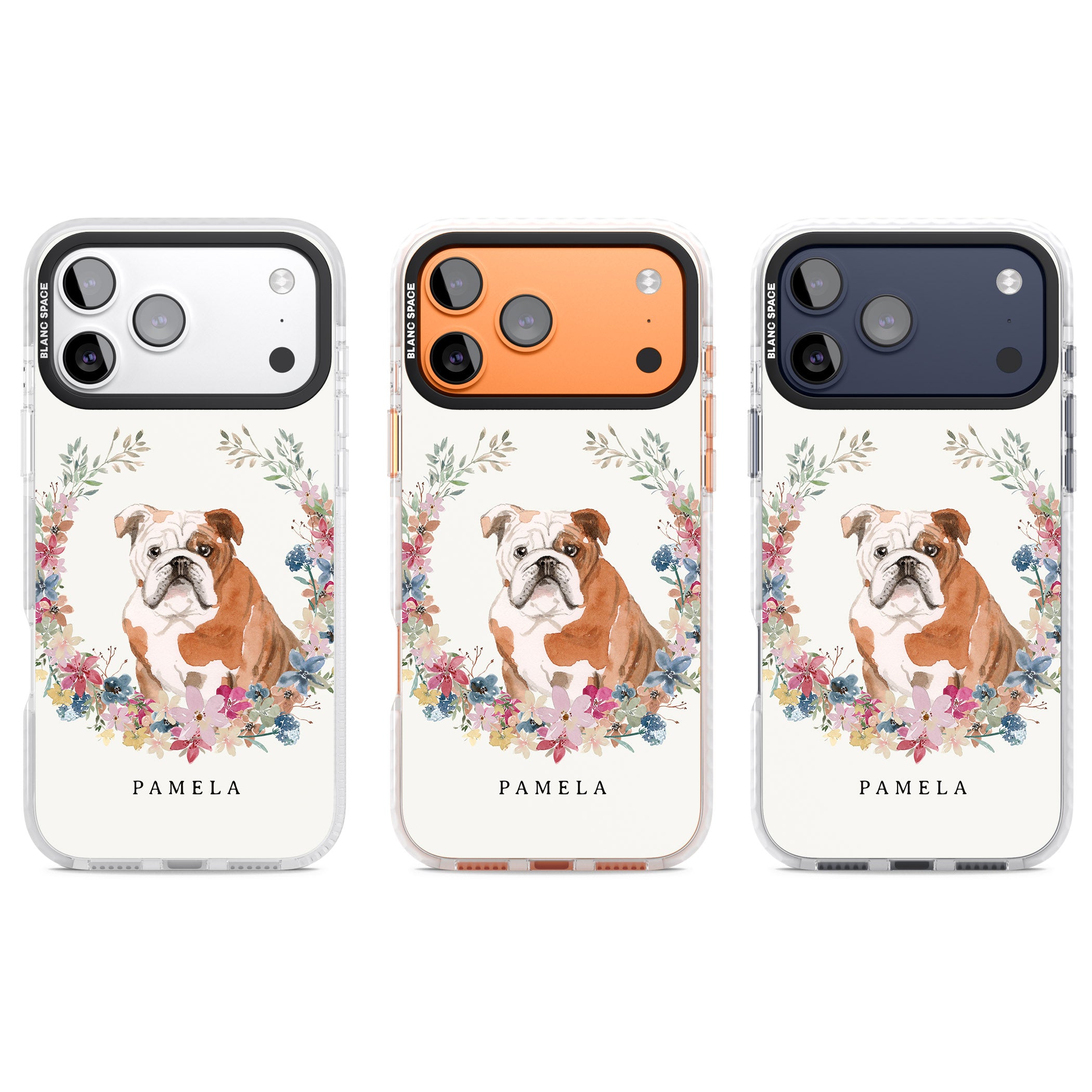Personalised English Bulldog Floral Portrait iPhone 17 Pro Impact Clear Phone Case APT Impact Protection