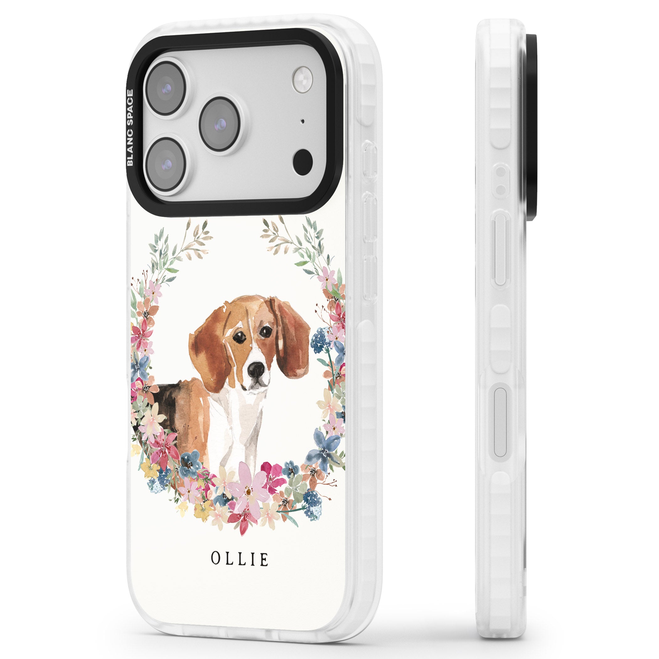 Personalised Beagle Floral Portrait iPhone 17 Pro Max Impact Clear Phone Case Side Profile