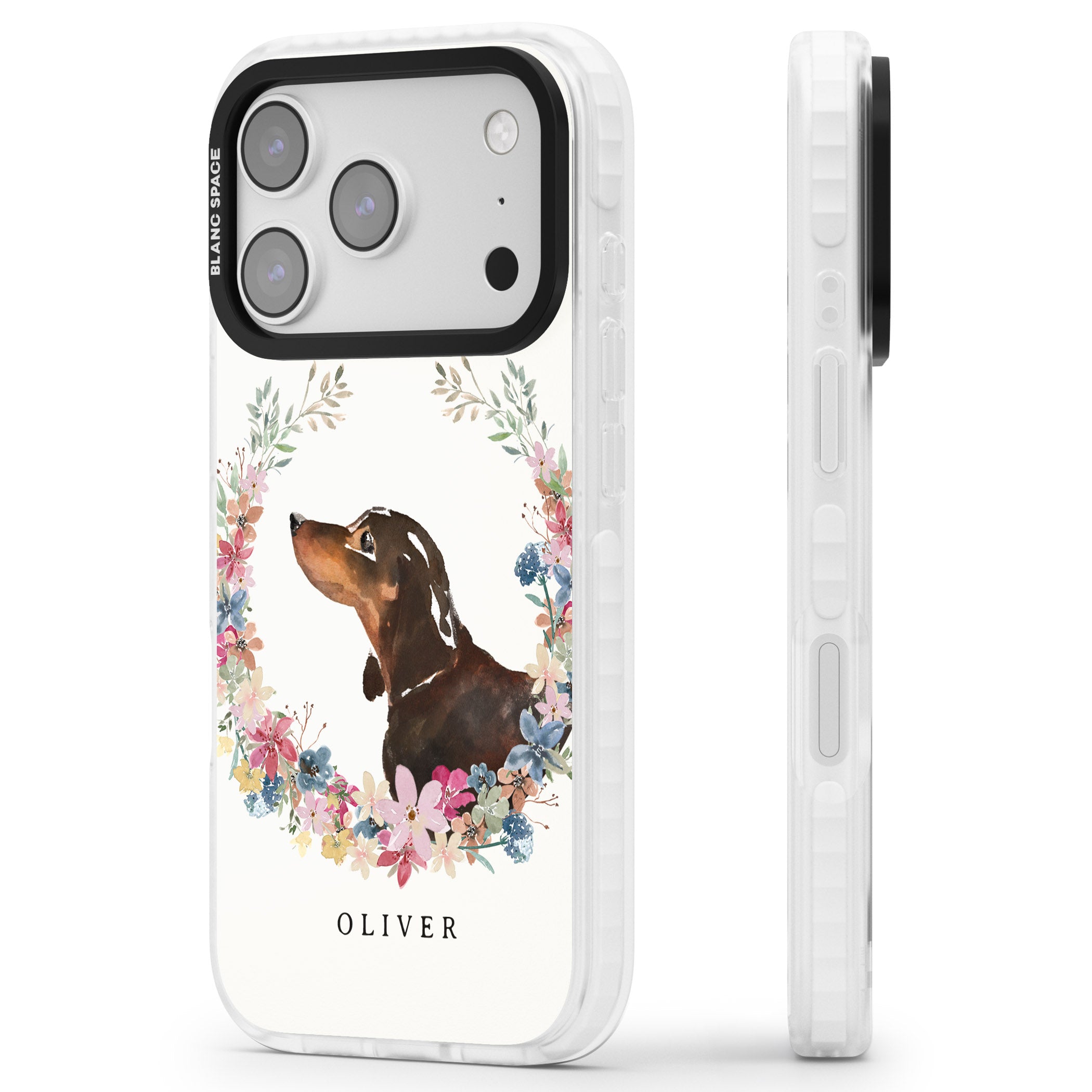 Personalised Black & Tan Dachshund Floral Portrait iPhone 17 Pro Impact Clear Phone Case Side Profile