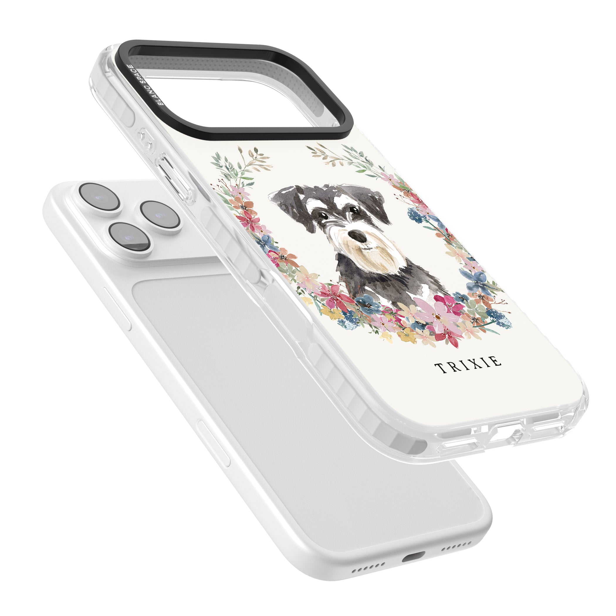 Personalised Watercolor Schnauzer Floral Portrait iPhone 17 Pro Impact Clear Phone Case Colours