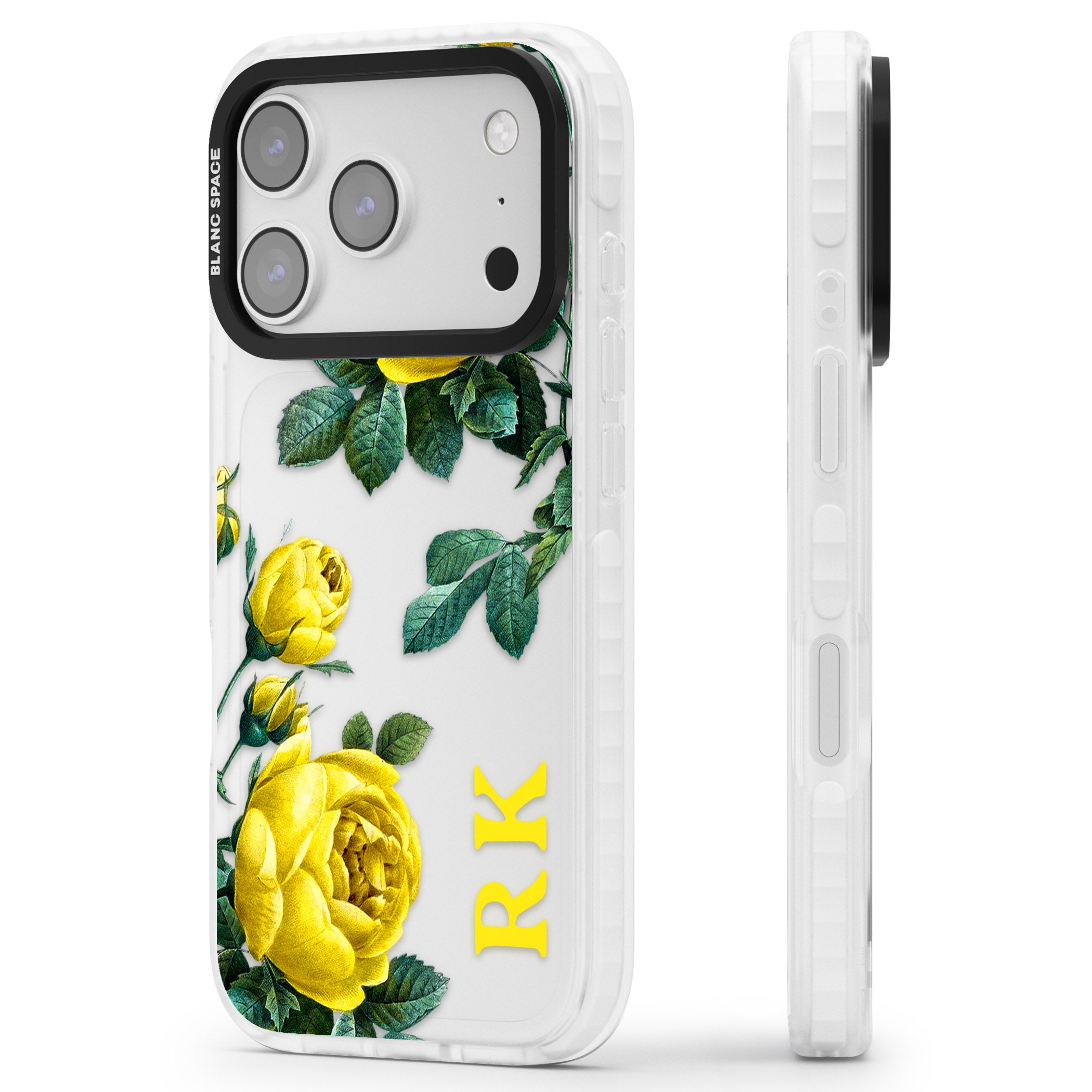Personalised Vintage Floral Yellow Roses iPhone 17 Pro Impact Clear Phone Case Side Profile