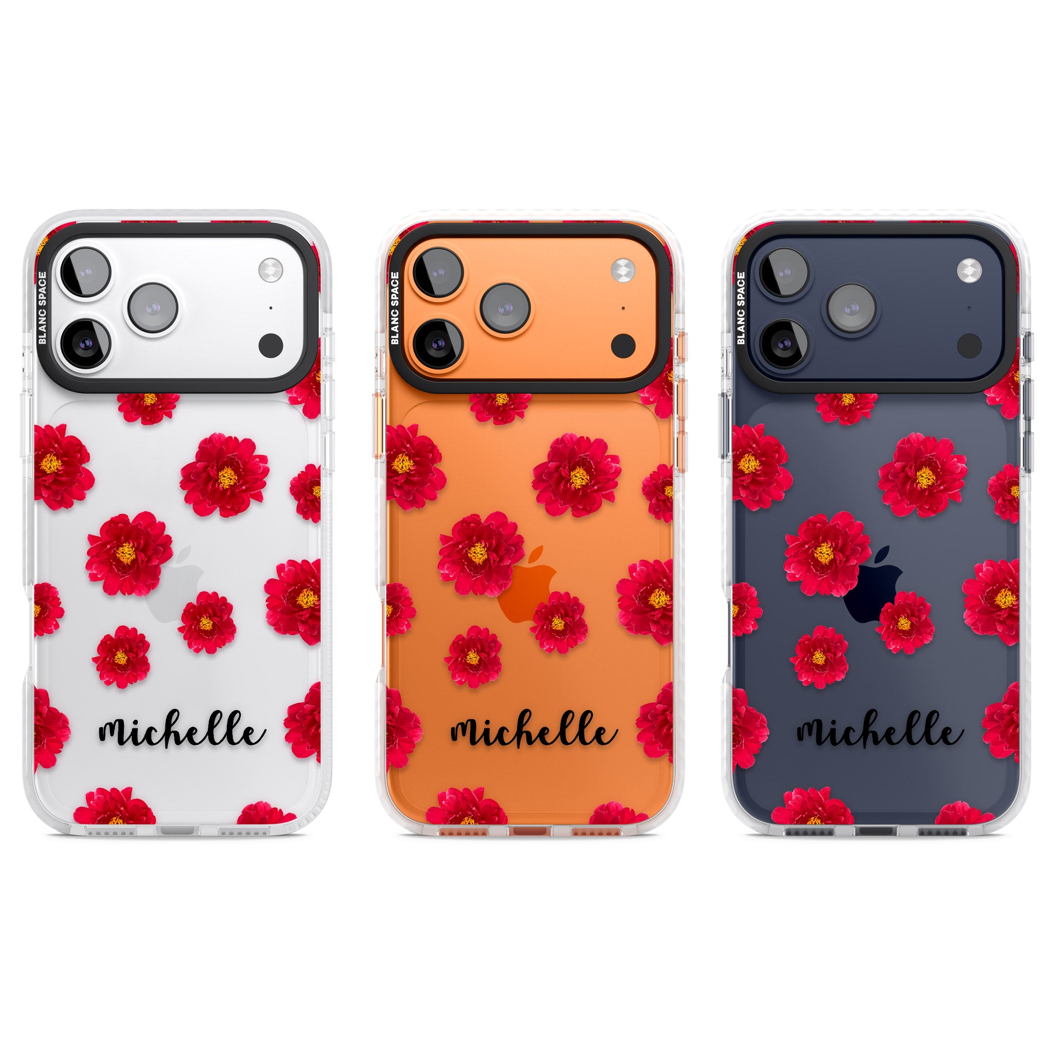 Personalised Red Peonies & Cursive iPhone 17 Pro Impact Clear Phone Case APT Impact Protection