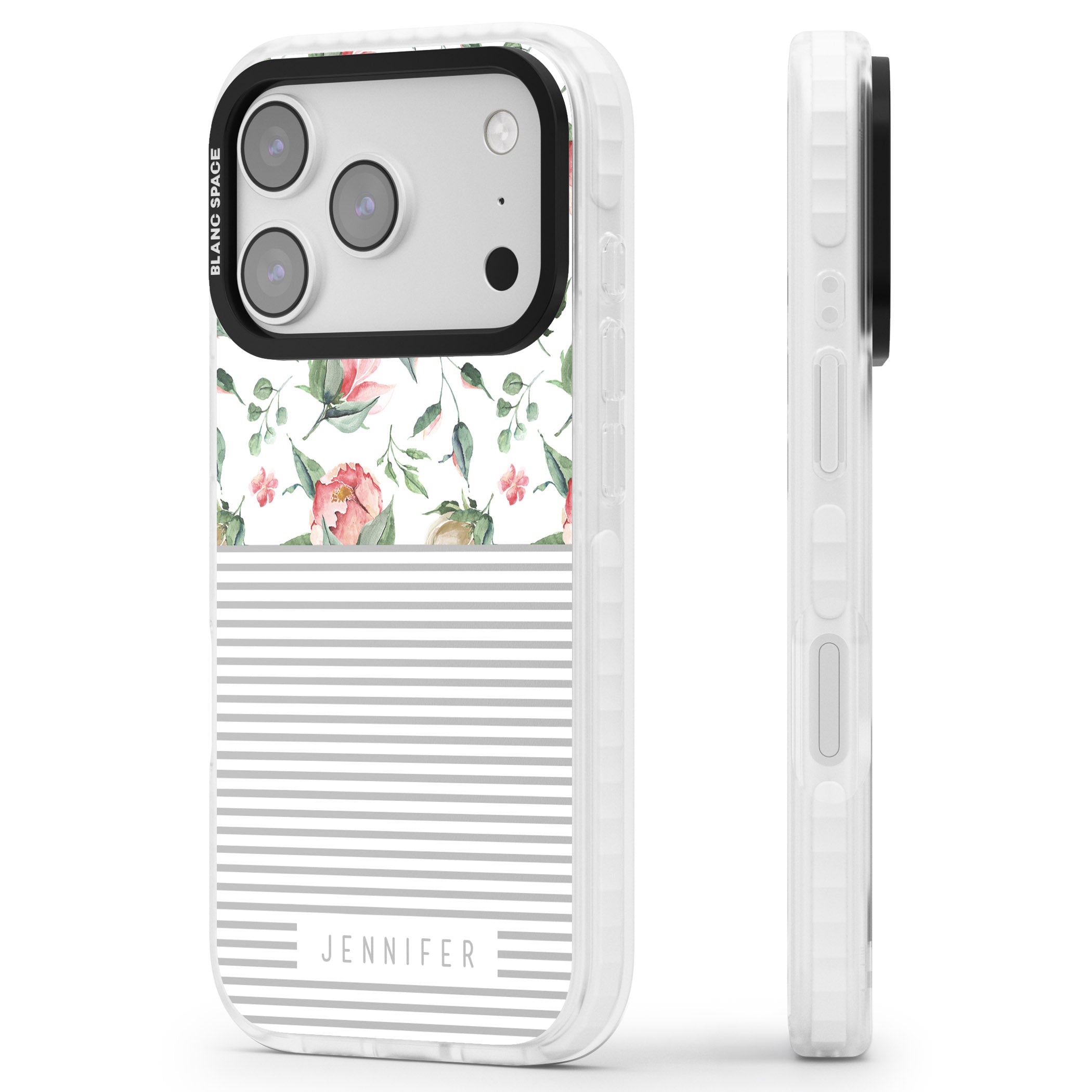 Personalised Light Floral Pattern & Stripes iPhone 17 Pro Impact Clear Phone Case Side Profile