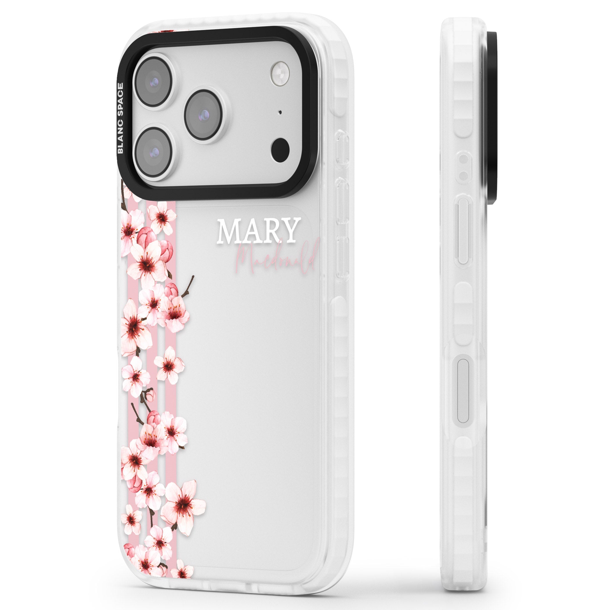 Personalised Cherry Blossom Stripes iPhone 17 Pro Impact Clear Phone Case Side Profile