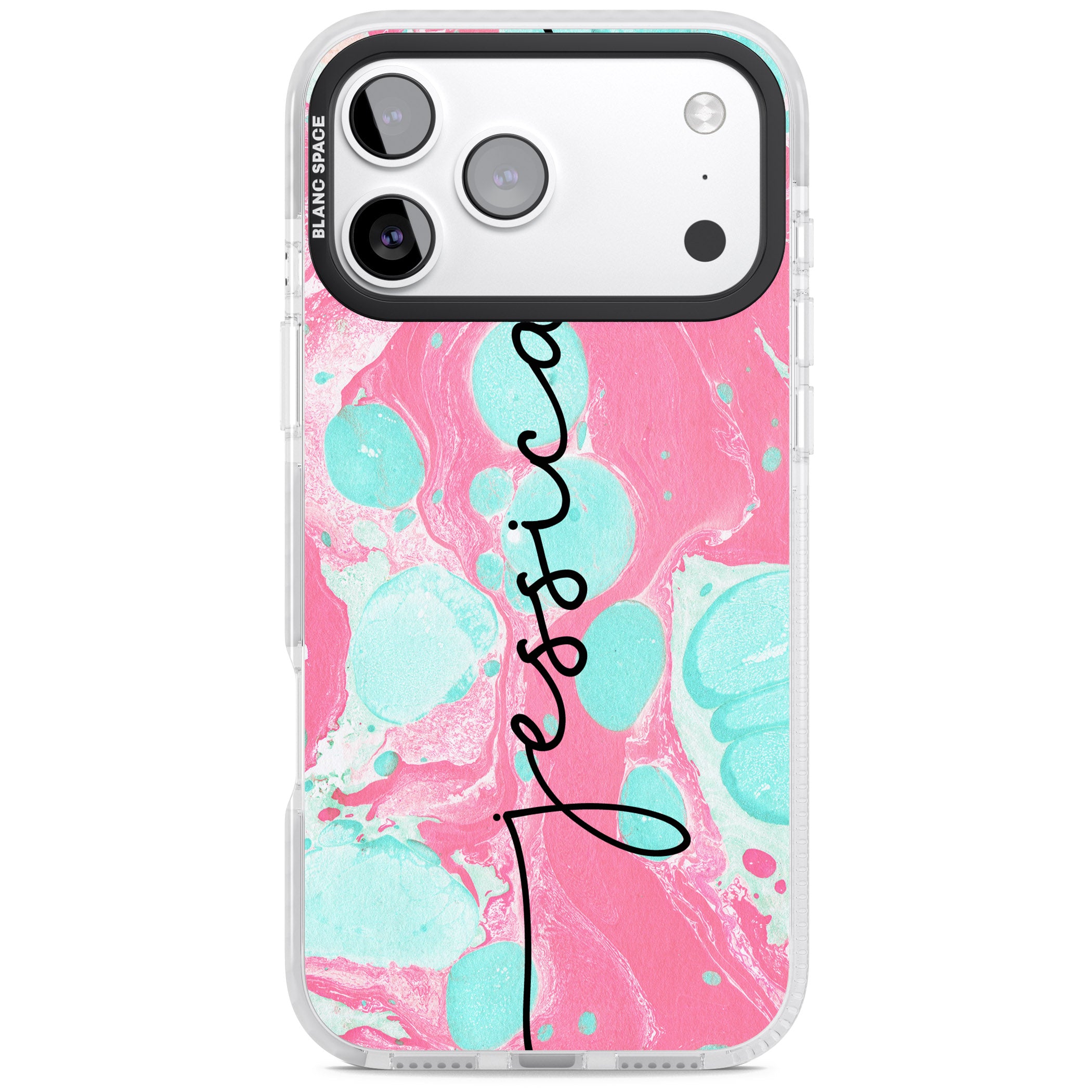 Personalised Turquoise & Pink Marbled iPhone 17 Pro Impact Clear Phone Case