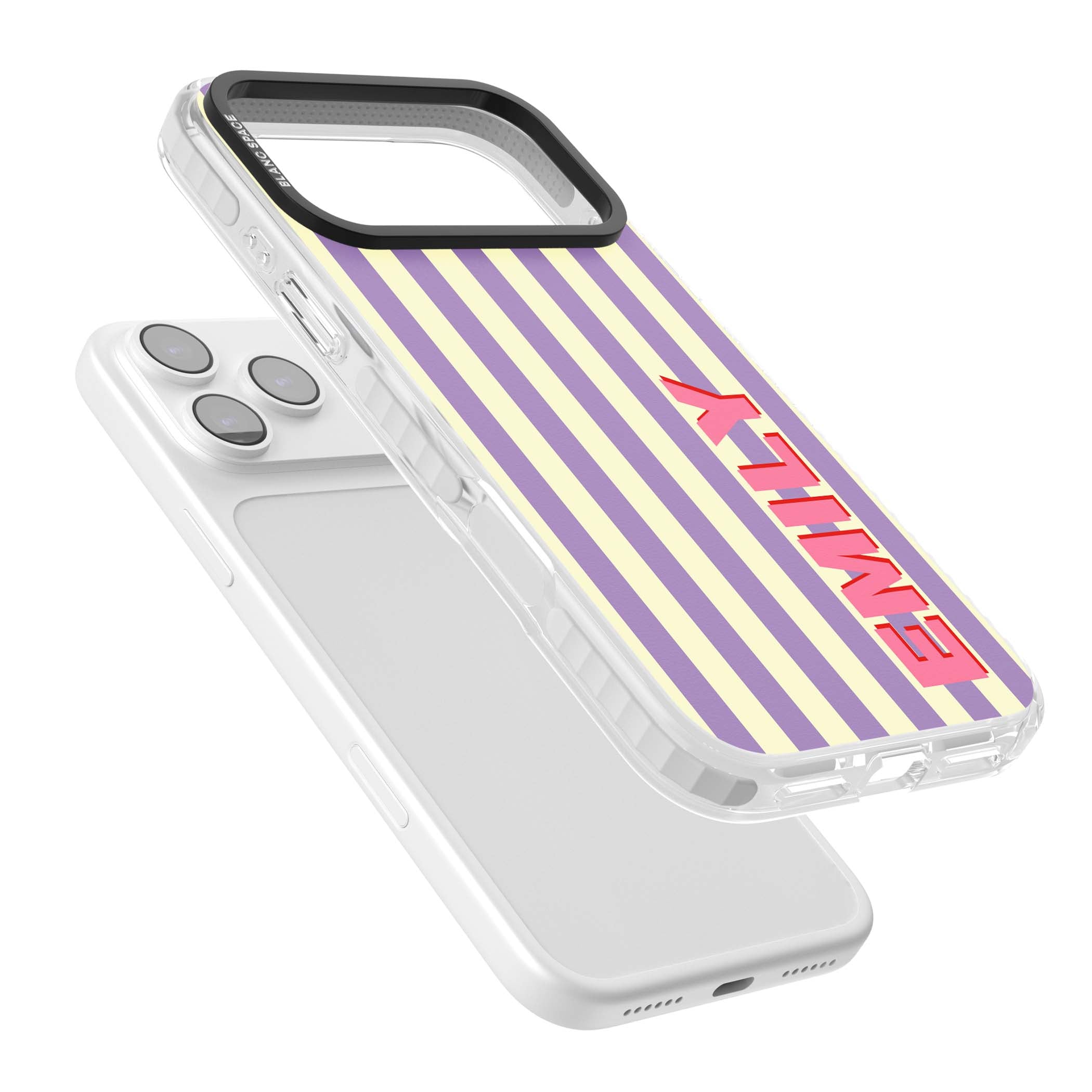 Valensole Stripe personalised iPhone case with purple and cream vertical stripes and pink custom name | Black Impact case for iPhone 17 Pro, iPhone 17 Pro Max