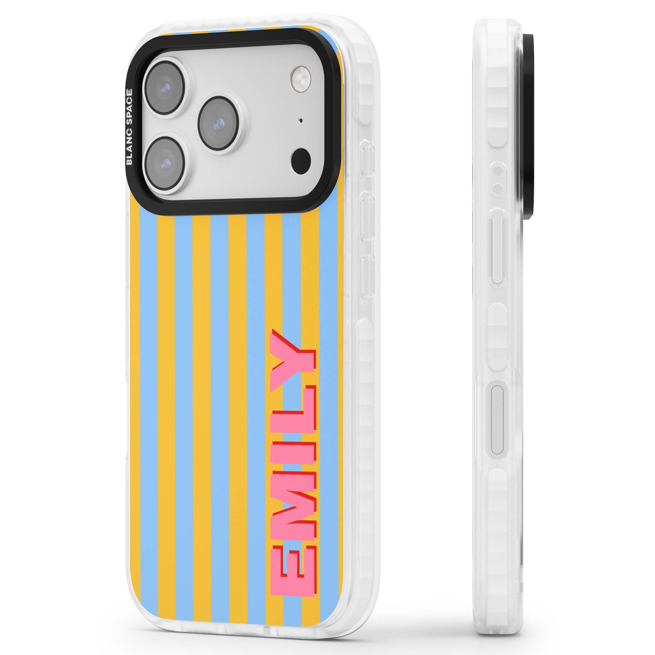 Carribean Stripe personalised coastal iPhone case with yellow and blue vertical stripes and a custom pink name | Black Impact case for iPhone 17 Pro, iPhone 17 Pro Max