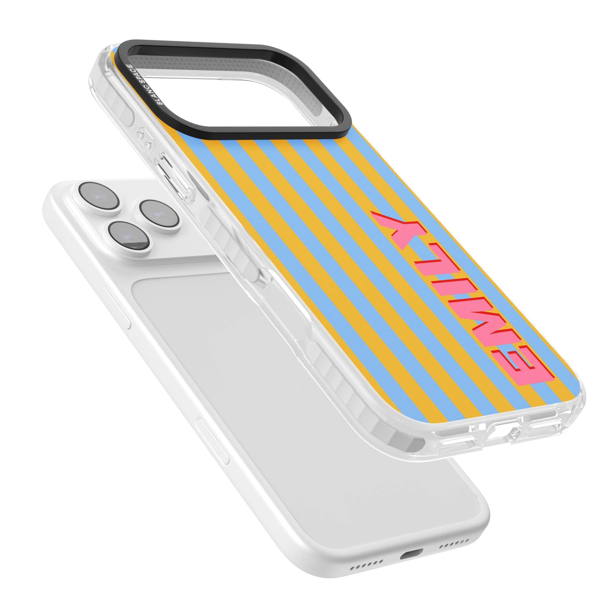 Carribean Stripe personalised coastal iPhone case with yellow and blue vertical stripes and a custom pink name | Black Impact case for iPhone 17 Pro, iPhone 17 Pro Max