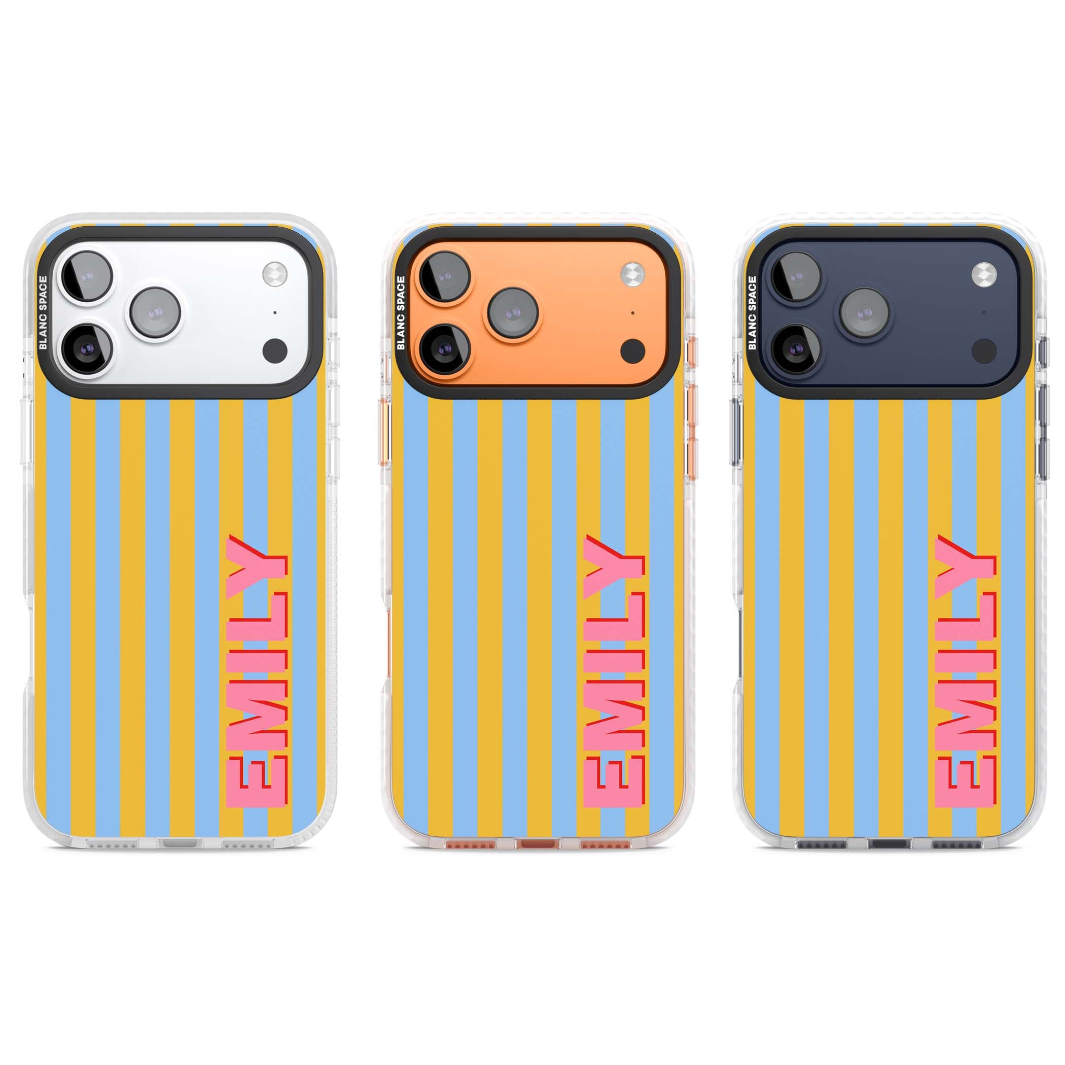 Carribean Stripe personalised coastal iPhone case with yellow and blue vertical stripes and a custom pink name | Black Impact case for iPhone 17 Pro, iPhone 17 Pro Max
