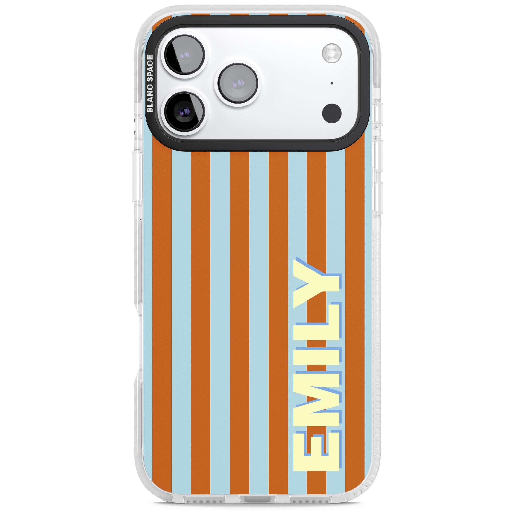 Cappadocia Stripe personalised coastal iPhone case featuring blue and orange vertical stripes with custom cream name | Black Impact case for iPhone 17 Pro, iPhone 17 Pro Max