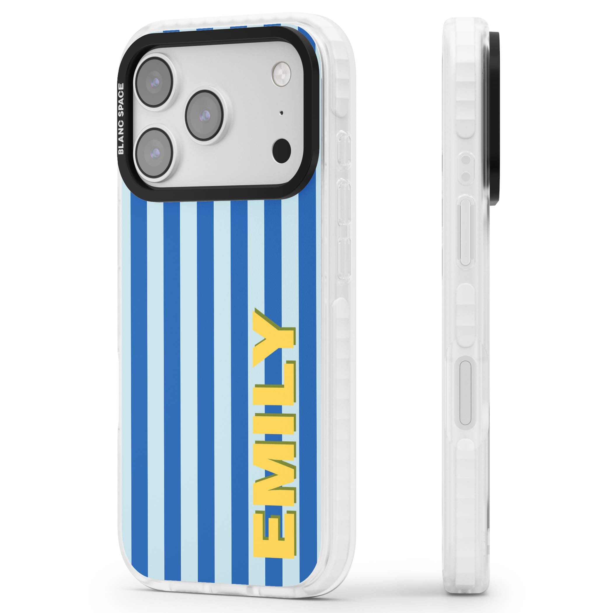 Athenian Stripe personalised preppy iPhone case featuring blue vertical stripes and a custom yellow name | Black Impact case for iPhone 17 Pro, iPhone 17 Pro Max
