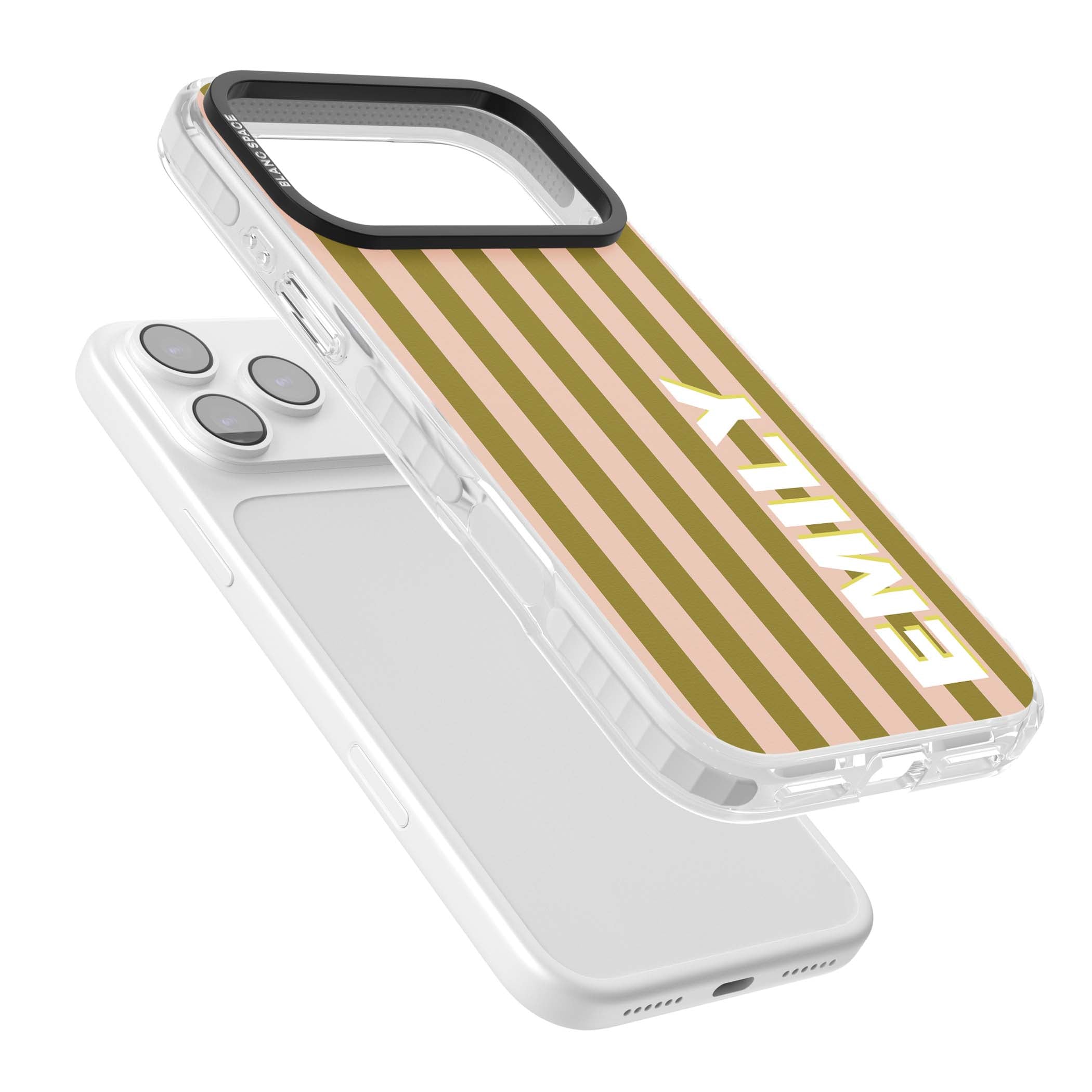 Indian Stripe personalised iPhone case featuring olive green and blush pink vertical stripes with custom name in whit | Black Impact case for iPhone 17 Pro, iPhone 17 Pro Max