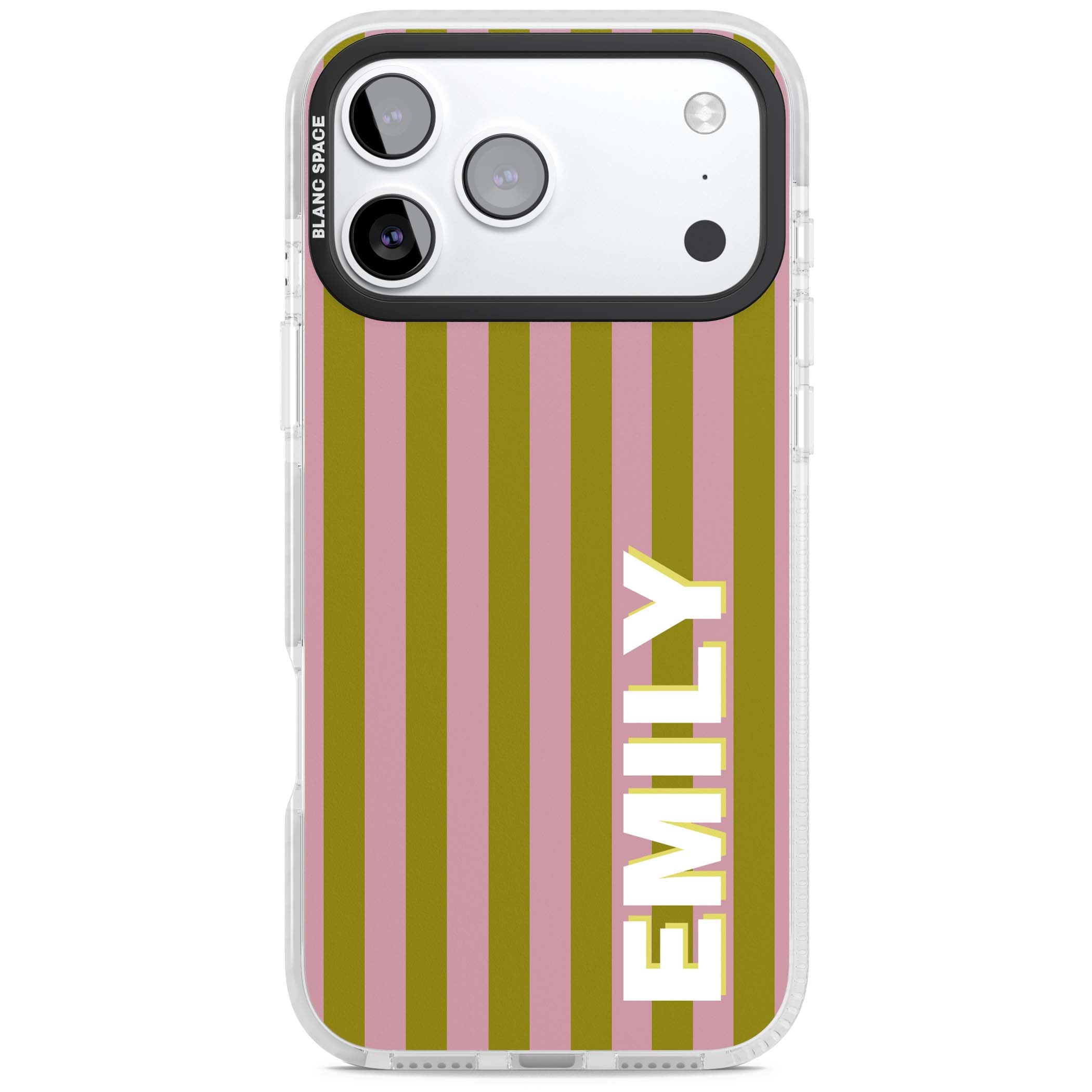 Istanbul Stripe personalised iPhone case featuring pink and olive green vertical stripes with a custom vertical name | Black Impact case for iPhone 17 Pro, iPhone 17 Pro Max