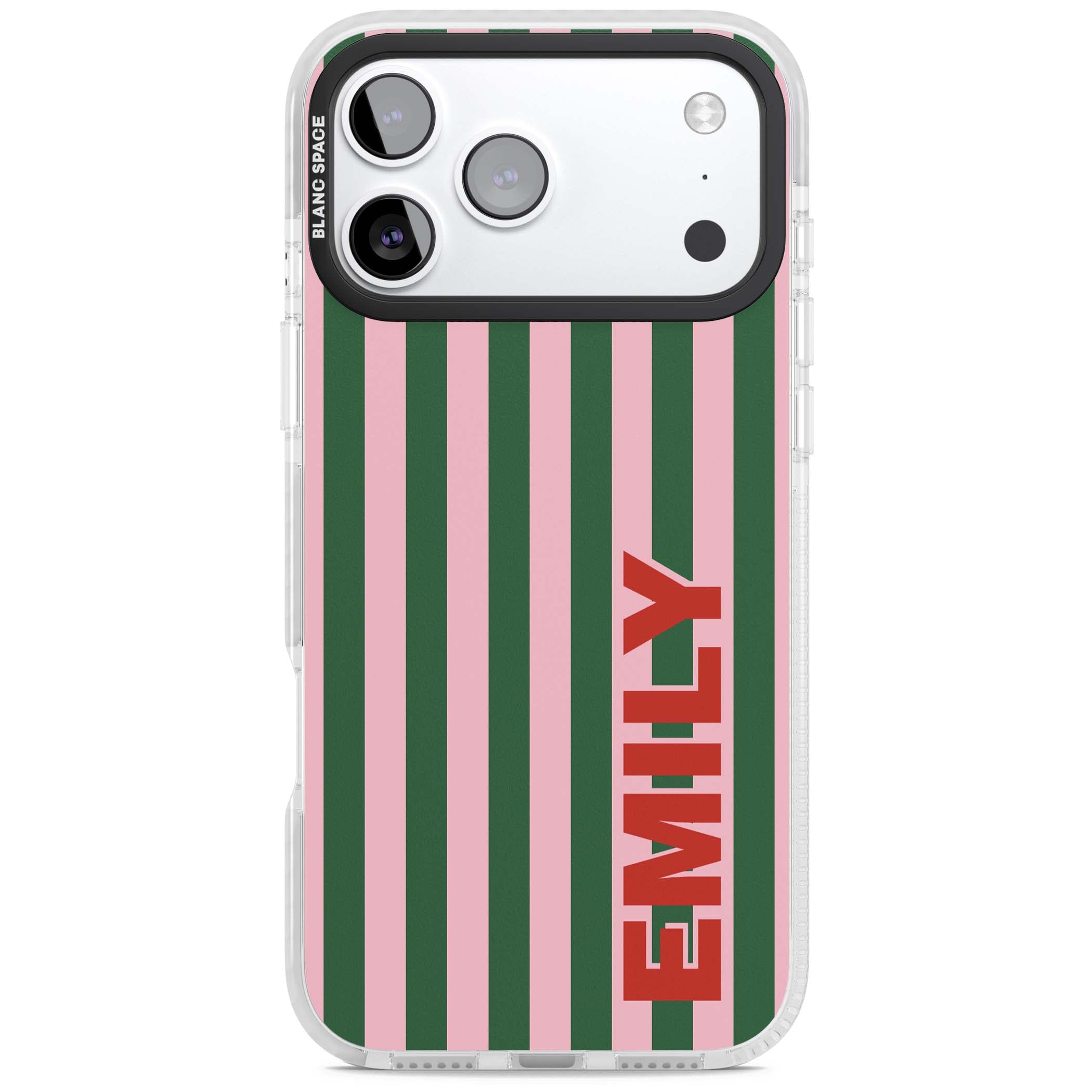 Italian Stripe preppy iPhone case featuring pink and green vertical stripes with personalised red name | Black Impact case for iPhone 17 Pro, iPhone 17 Pro Max