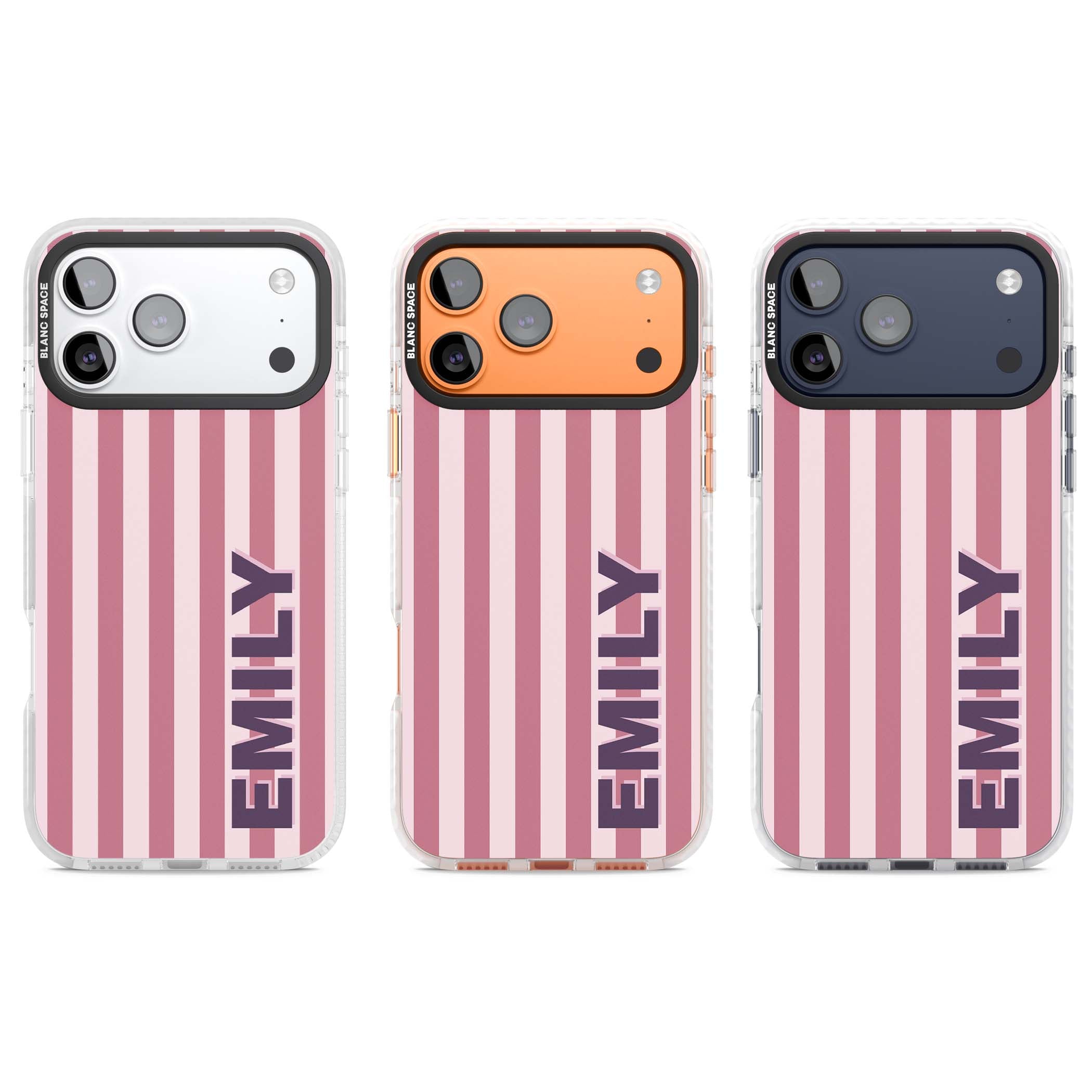 Victoria Stripe personalised iPhone case featuring pink vertical stripes and custom name in bold plum lettering | Black Impact case for iPhone 17 Pro, iPhone 17 Pro Max